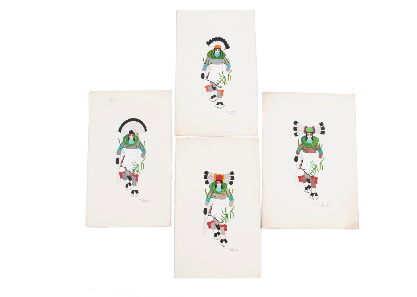 JOSE ENCARNACION PENA (AKA SOQWEEN) (NATIVE AMERICAN, SAN ILDEFONSO, 1902-1979): Jose Encarnacion Pena (aka Soqween) Native American, San Ildefonso, 1902-1979 Mixed media on mat board Four (4) works, all signed "Soqween" lower right with titles, signatures to verso as well, unfram
