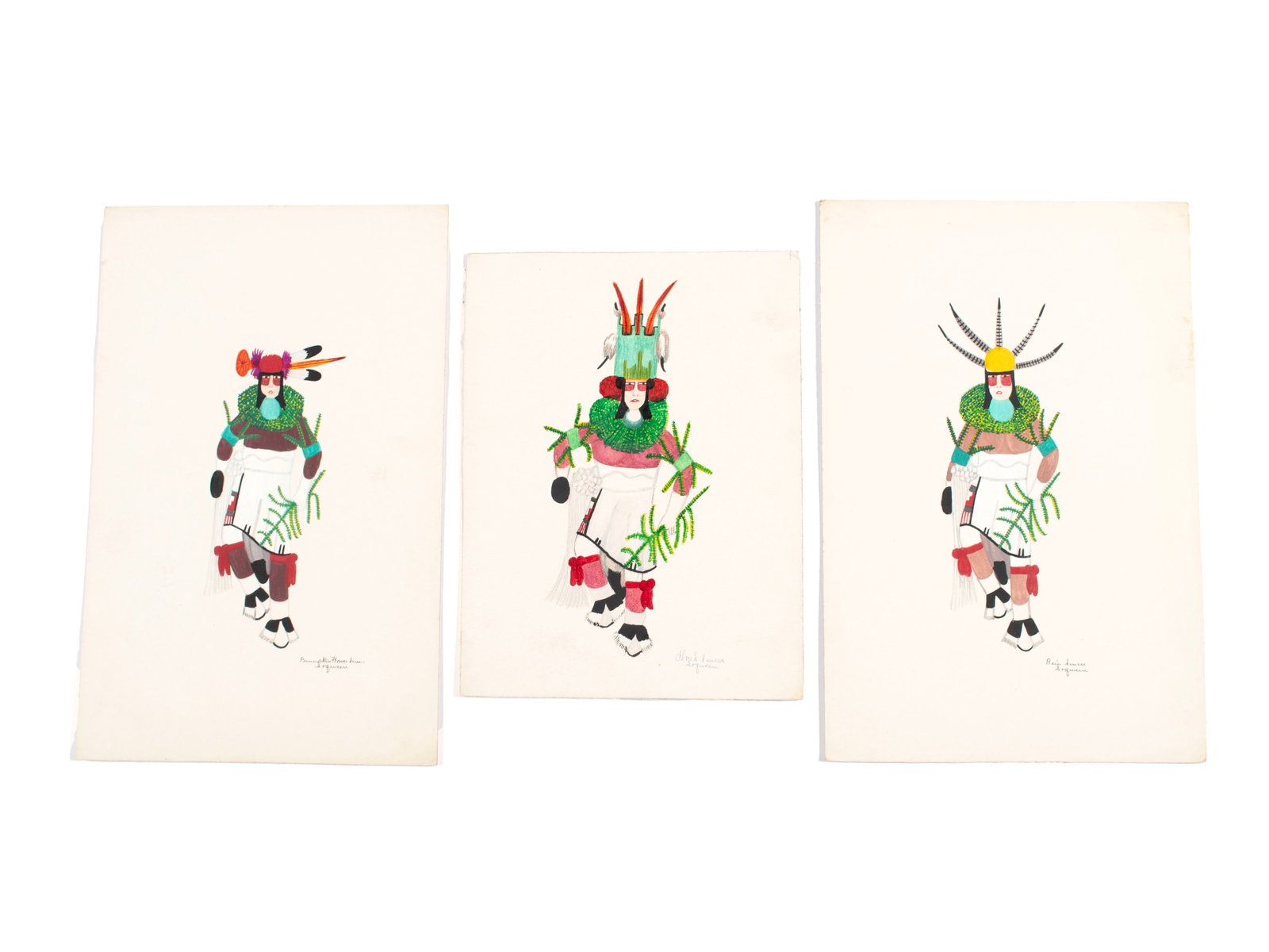 JOSE ENCARNACION PENA (AKA SOQWEEN) (NATIVE AMERICAN, SAN ILDEFONSO, 1902-1979): Jose Encarnacion Pena (aka Soqween) Native American, San Ildefonso, 1902-1979 Mixed media on mat board Three (3) works, all signed "Soqween" lower right with titles, signatures to verso as well, unfra