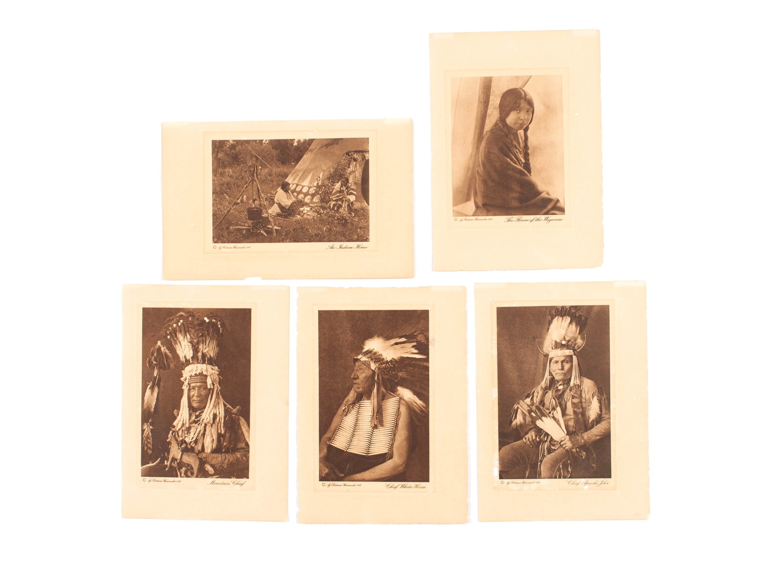 GROUP OF RODMAN WANAMAKER PHOTOGRAVURES: GROUP OF RODMAN WANAMAKER PHOTOGRAVURES Five (5) works, circa 1913. Titles include Mountain Chief, Chief White Horse, Chief Apache John, The Flower of the Wigwam, and An Indian Home, all unframed. T