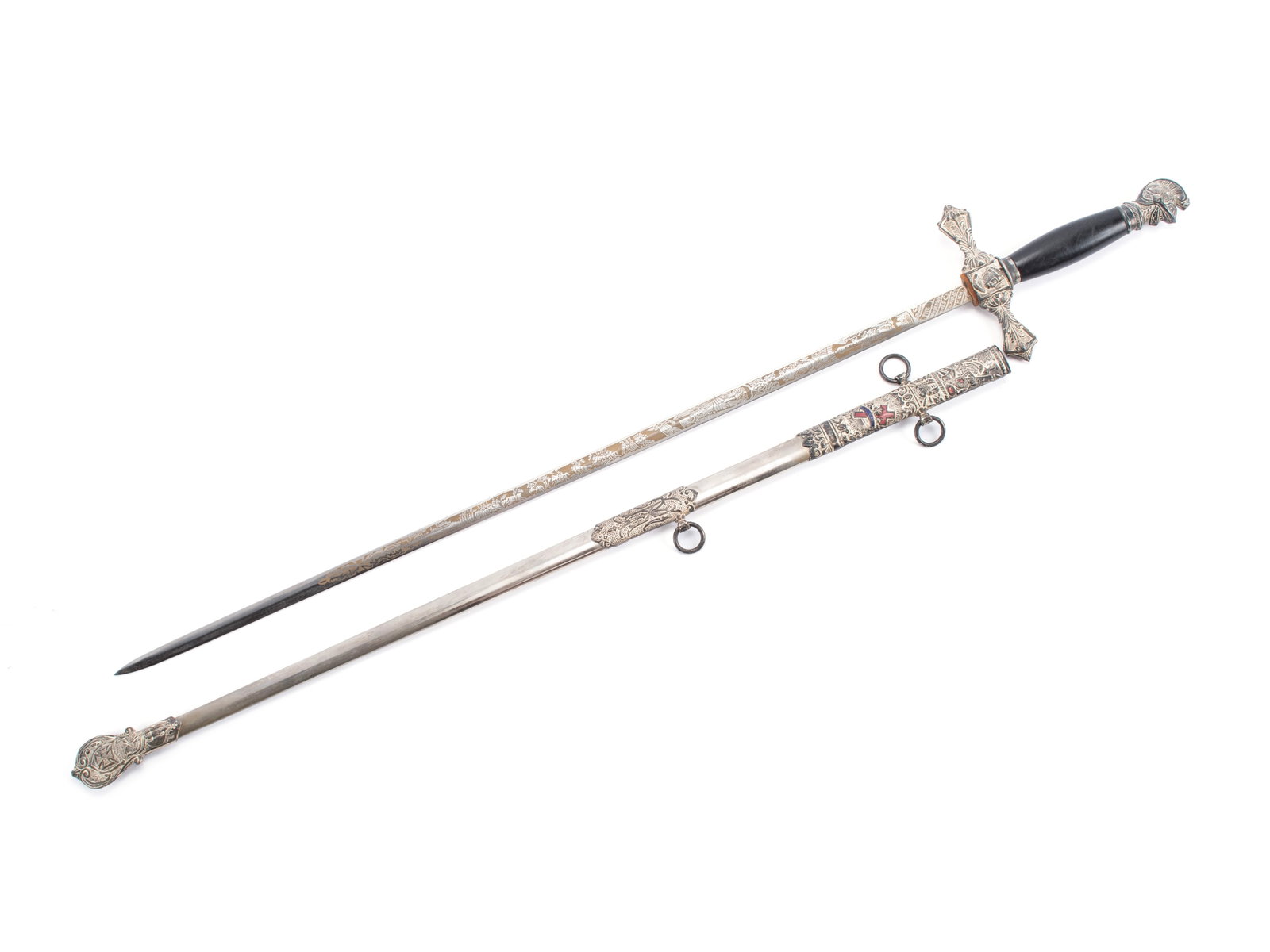 HENDERSON AMES COMPANY MASONIC KNIGHTS TEMPLAR CEREMONIAL SWORD: HENDERSON AMES COMPANY MASONIC KNIGHTS TEMPLAR CEREMONIAL SWORD American, sword having etched presentation to "George Hughes" with scabbard. 28 in. (71.1 cm.)