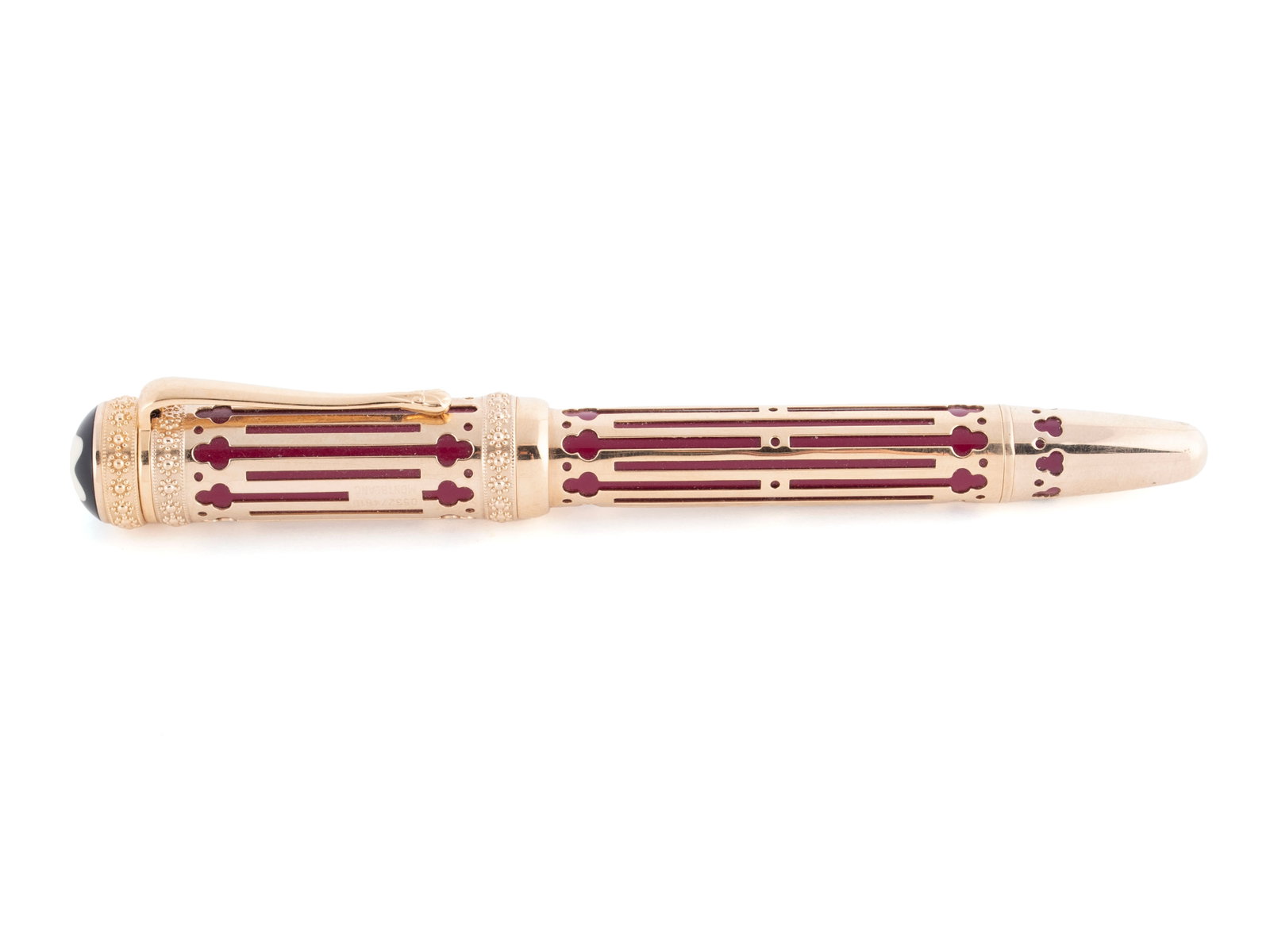 MONTBLANC PATRON OF ART CATHERINE THE GREAT FOUNTAIN PEN: MONTBLANC PATRON OF ART CATHERINE THE GREAT FOUNTAIN PEN German, 1997, limited edition # 0532/4810. With original gold tip marked 18K. 5.59 in. (14.2 cm.), Box: 7 3/4 x 3 x 1 1/4 in. (19.7 x 7.6 x