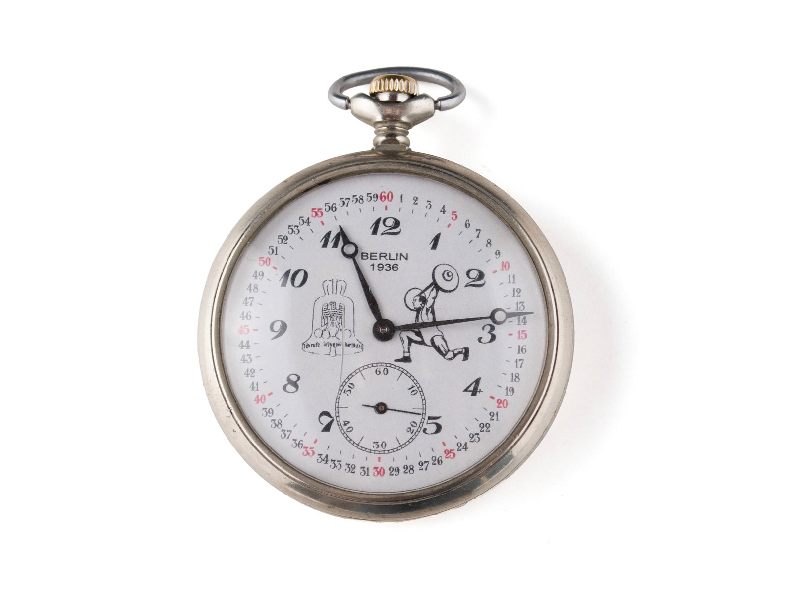1936 BERLIN OLYMPICS POCKETWATCH: 1936 BERLIN OLYMPICS POCKETWATCH Face marked "Berlin - 1936" showing a German bell and a weightlifter flanking the center, the Olympic rings and Reichsadler to the backside. 2.39 x 2 in. (6.1 x 5.1
