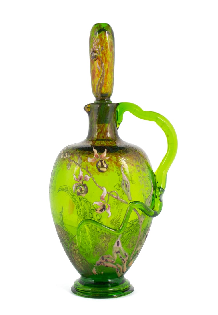CRISTALLERIE E. GALLE NANCY DECANTER: CRISTALLERIE E. GALLE NANCY DECANTER French, late 19th/early 20th century, signed on underside. Green and red mottled glass decorated with enameled flowers and all-around gilt foliate highlights, incl