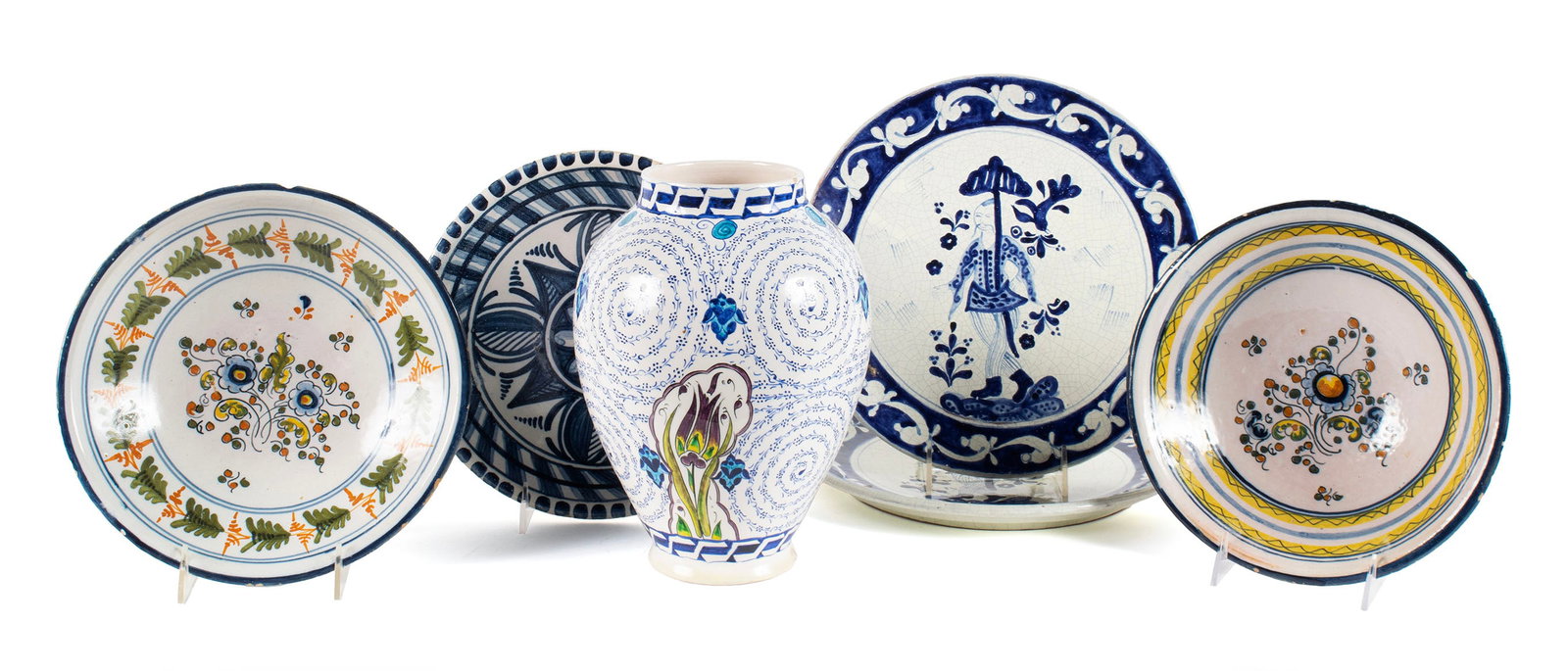 SIX PIECES OF TALAVERA POTTERY: SIX PIECES OF TALAVERA POTTERY Spanish, 20th century. Including three bowls, a pair of chargers, and a vase, all marked. Vase: 10 1/4 in. (26 cm.), Largest diameter: 11 1/4 in. (28.6 cm.)