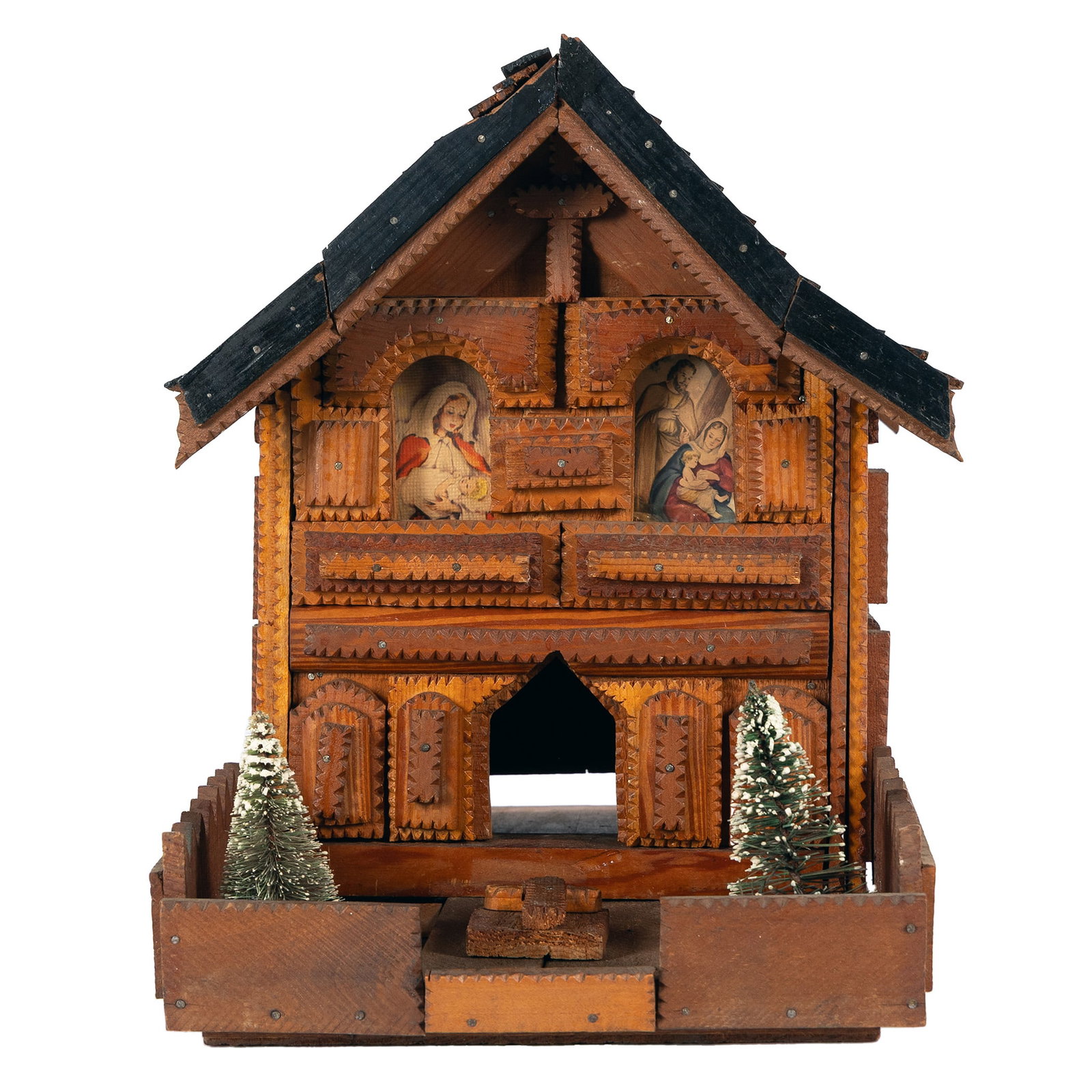 TRAMP ART CHURCH: TRAMP ART CHURCH American, 2nd quarter 20th century. Architectural structure with layered green roof, with 'front porch' area, electrified with interior light. 13 1/2 x 17 x 11 in. (34.3 x 43.2 x