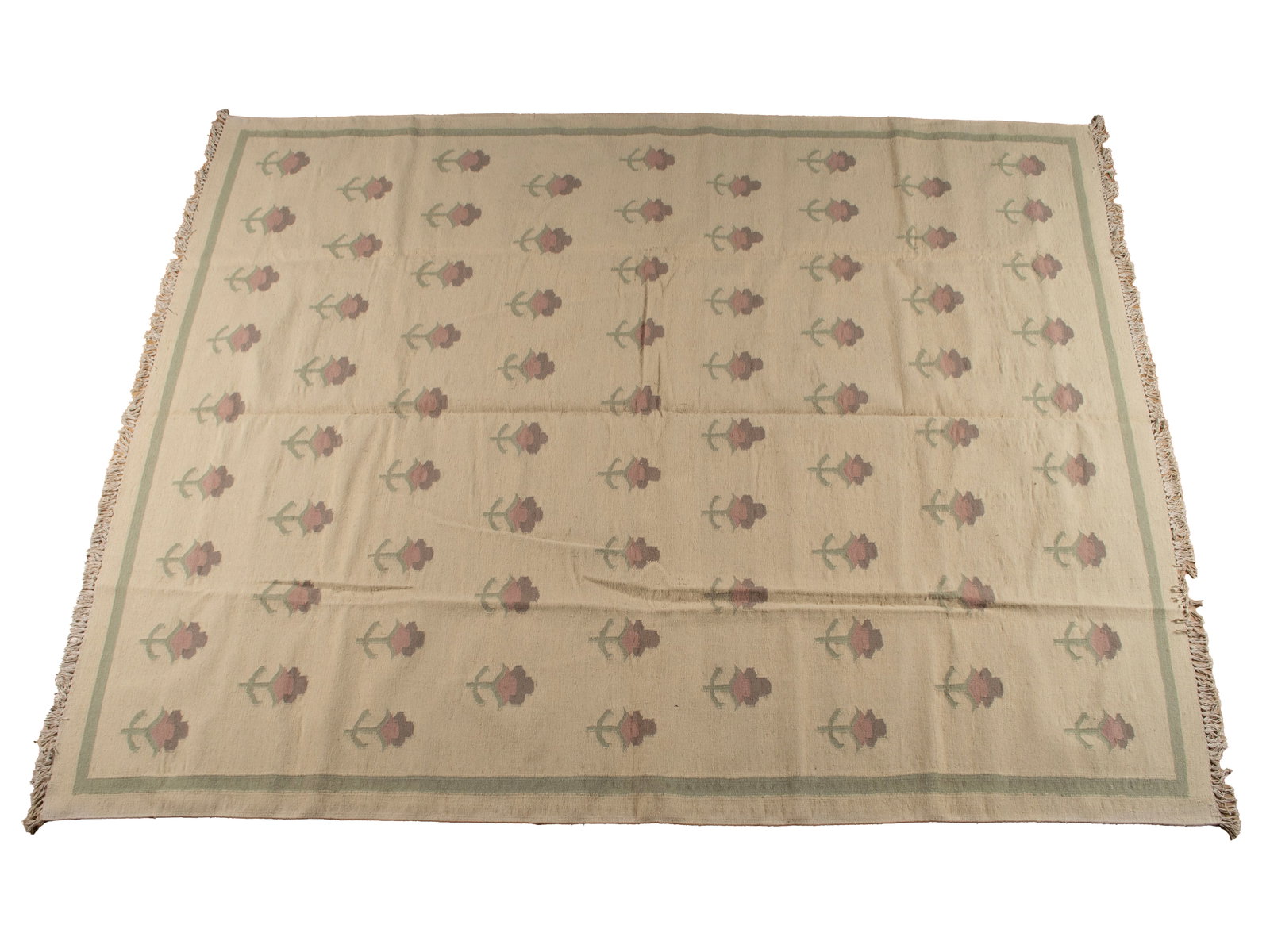 DHURRIE FLATWEAVE ROOM RUG: DHURRIE FLATWEAVE ROOM RUG Indian, 20th century. Repetitive rows of flowering buds to the allover ivory field. 11 ft. 9 in. x 9 ft. (358.1 x 274.3 cm.)
