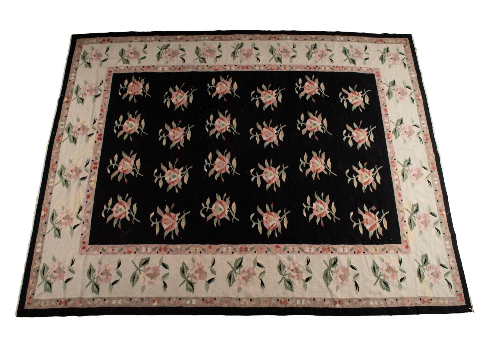 DHURRIE FLATWEAVE ROOM RUG: DHURRIE FLATWEAVE ROOM RUG Chinese, 20th century. Repetitive design of flowering buds covers the black field, matching ivory border with guard borders. 11 ft. 8 in. x 9 ft. (355.6 x 274.3 cm.)