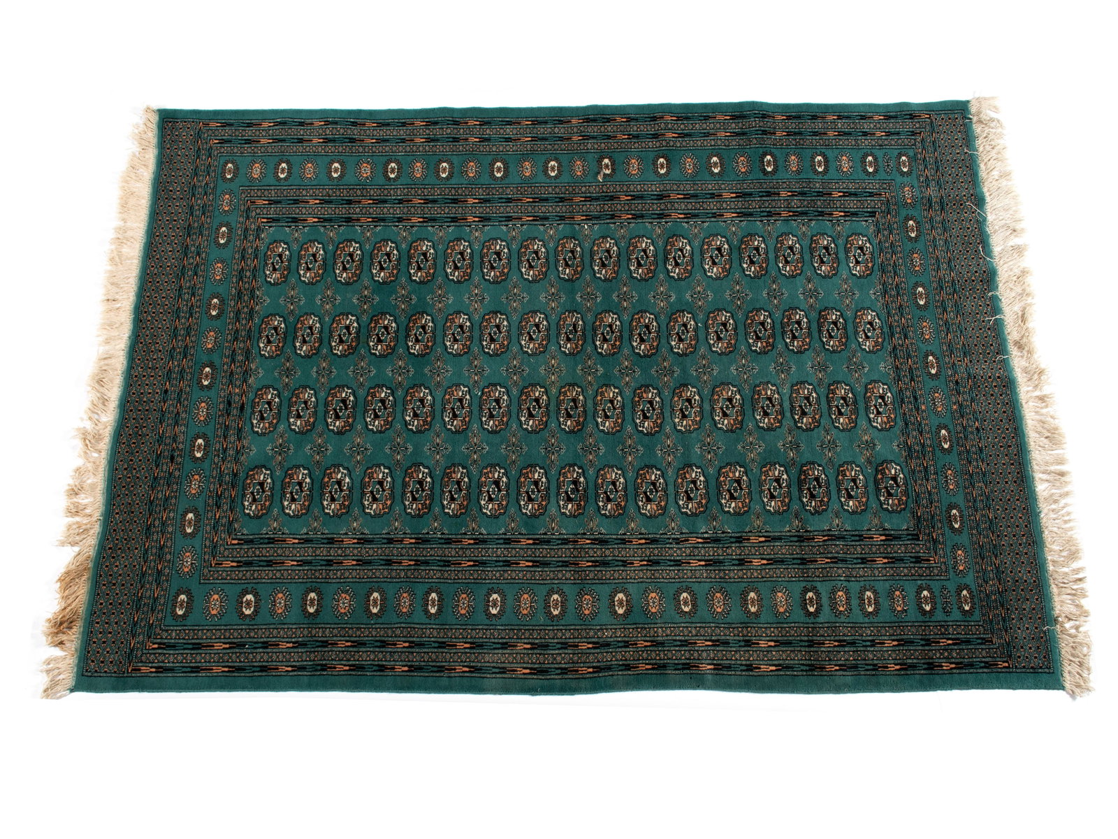 BOKHARA HALL RUG: BOKHARA HALL RUG Indian, mid-20th century. Repetitive columns of boteh medallions cover the green field, matching border with multiple guard borders. 7 ft. 8 in. x 5 ft. 4 in. (233.7 x 162.6 cm.)