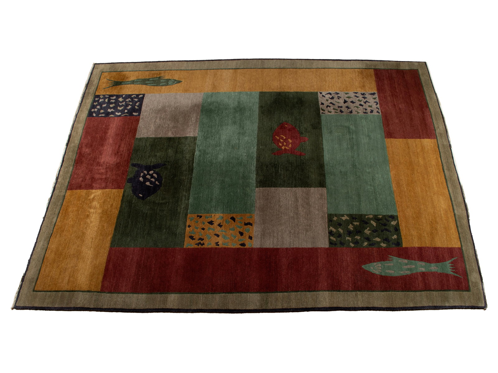 TIBETAN ROOM RUG: TIBETAN ROOM RUG Tibetan, 20th century. Modern carpet with gold, red, green and grey panels, sparsely decorated with fish and abstract shapes to several panels. 13 ft. 11 in. x 10 ft. (424.2 x 304.8 c