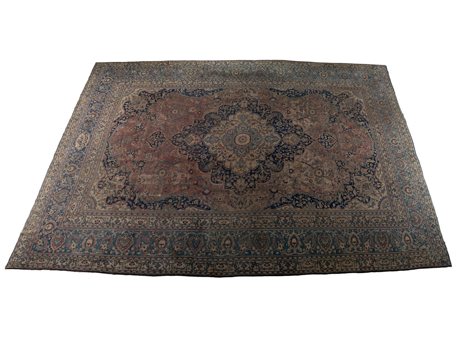 LARGE PERSIAN ROOM RUG: LARGE PERSIAN ROOM RUG Persian, 2nd quarter 20th century. Layered blue on ivory on navy foliate pole medallion with matching corners, around the floral decorated soft red field, multiple guard borders