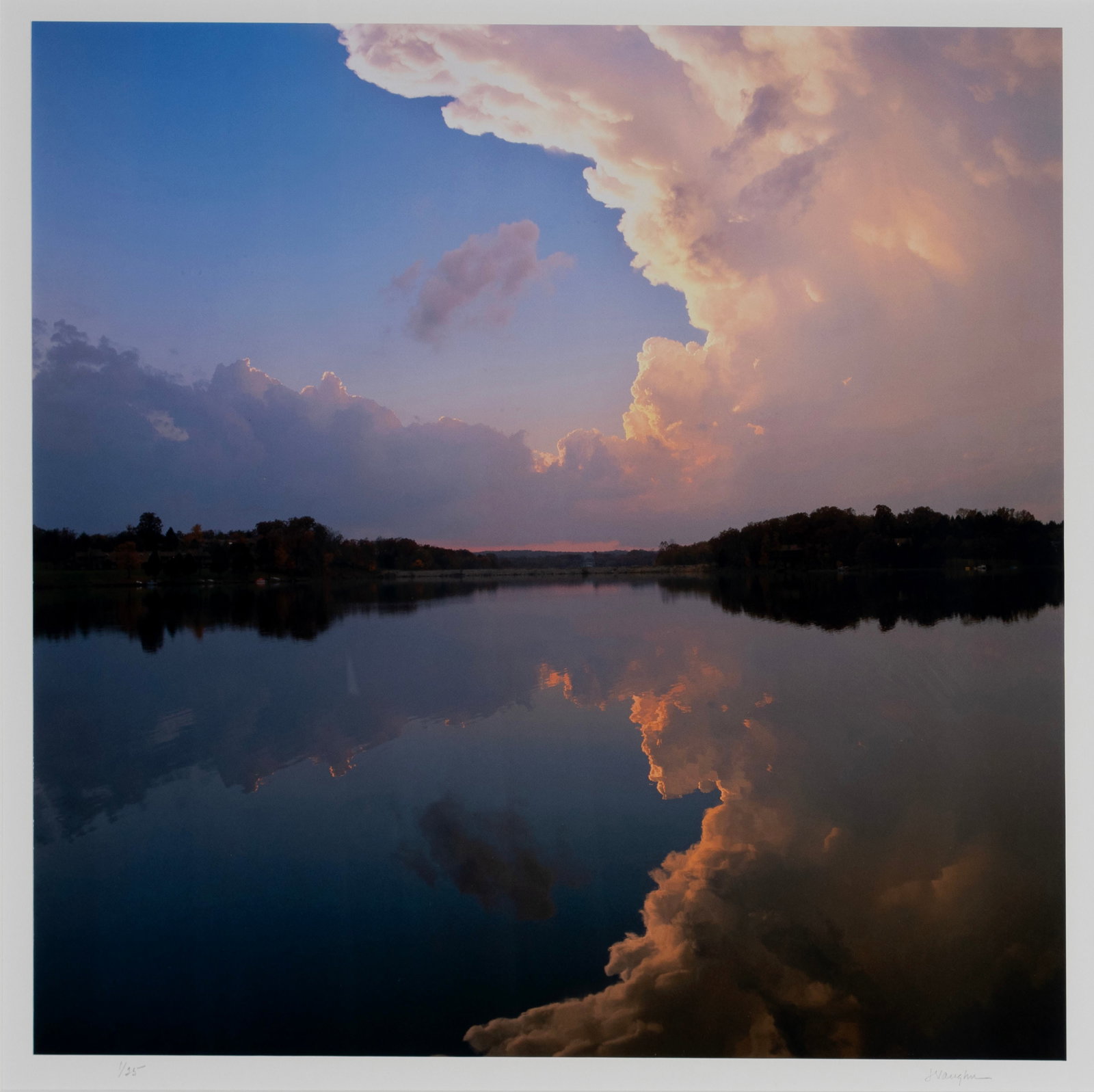 JEFFREY VAUGHN (AMERICAN (ST. LOUIS), 20TH/21ST C.): Jeffrey Vaughn American (St. Louis), 20th/21st c. Symmetrical Cloud Reflection on Lake Aspen Chromogenic print 2005, signed lower right and numbered 1/25 lower left. Lake landscape with sunrise, matte