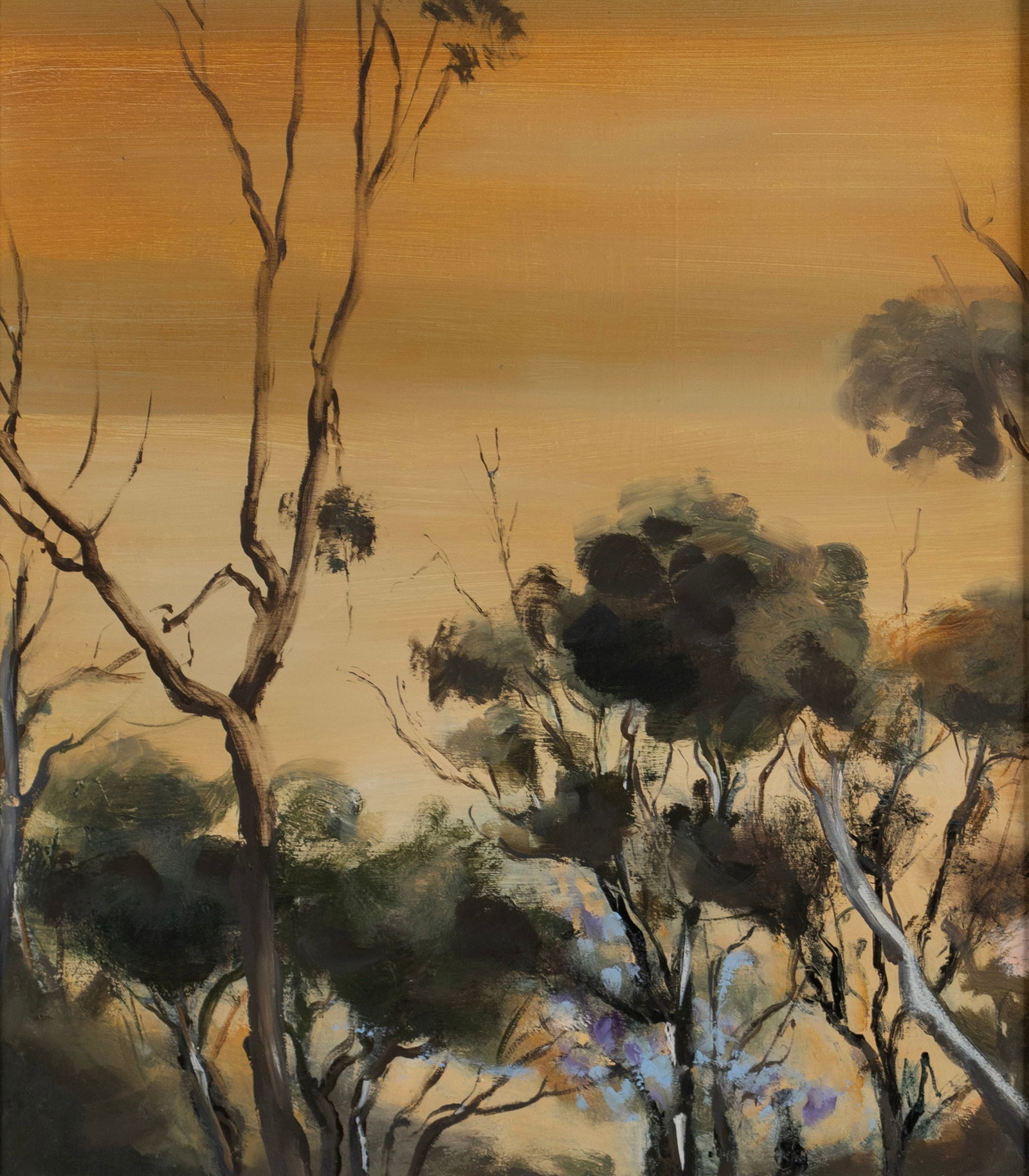 VIOLA DOMINELLO (AUSTRALIAN, B. 1964): Viola Dominello Australian, b. 1964 Golden Summer, Berowra Oil on board Signed, titled, and dated 2011 to verso. Treetops against a yellow sky, framed. 15 3/4 x 13 3/4 in. (40 x 34.9 cm.), Frame: 17 3