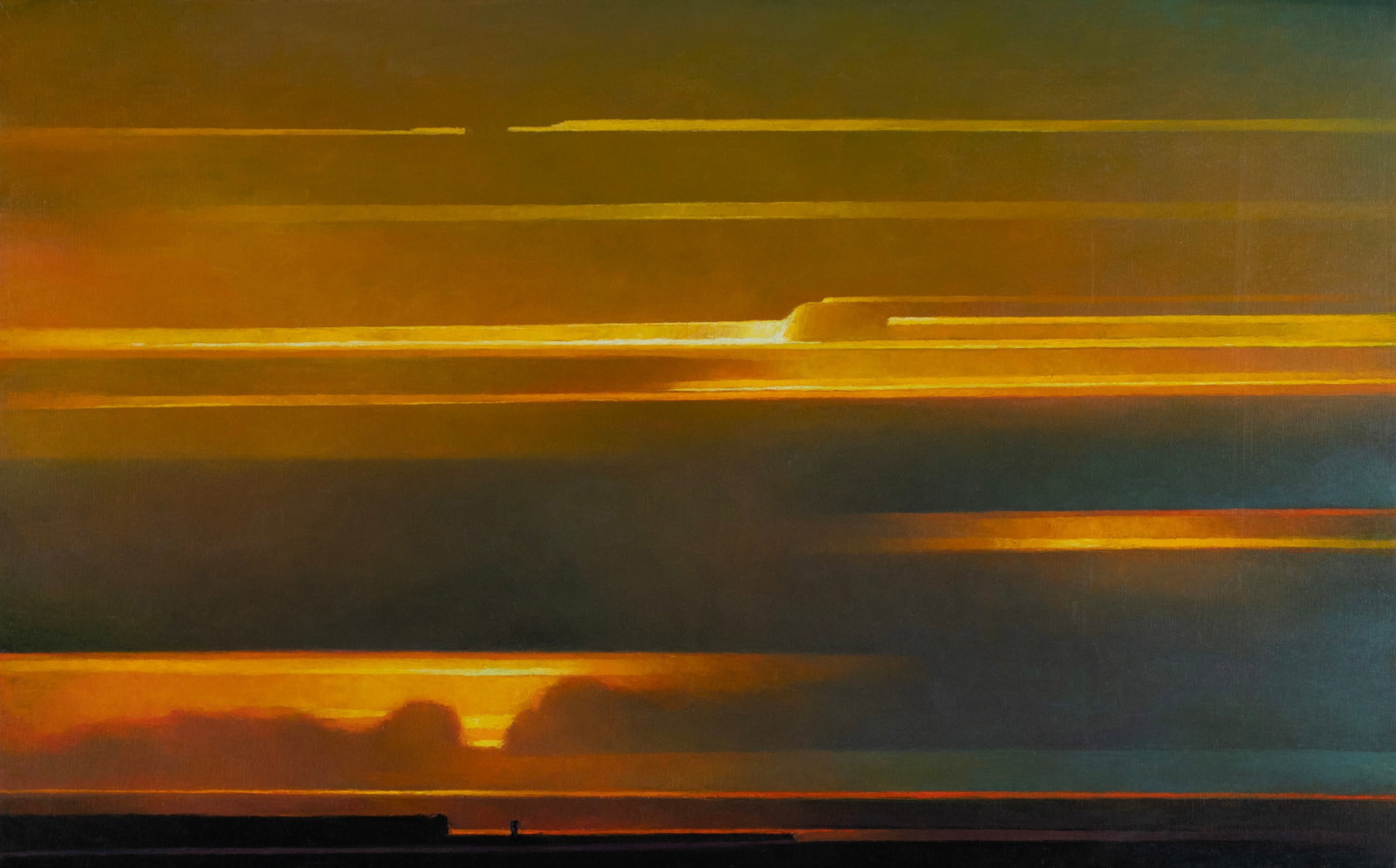 RICH BOWMAN (AMERICAN, B. 1969): Rich Bowman American, b. 1969 Lemon Blue Oil on canvas Initialed upper right, also signed and titled to stretcher. Landscape with vast yellow sky, framed. 30 x 48 in. (76.2 x 121.9 cm.), Frame: 31 x 4