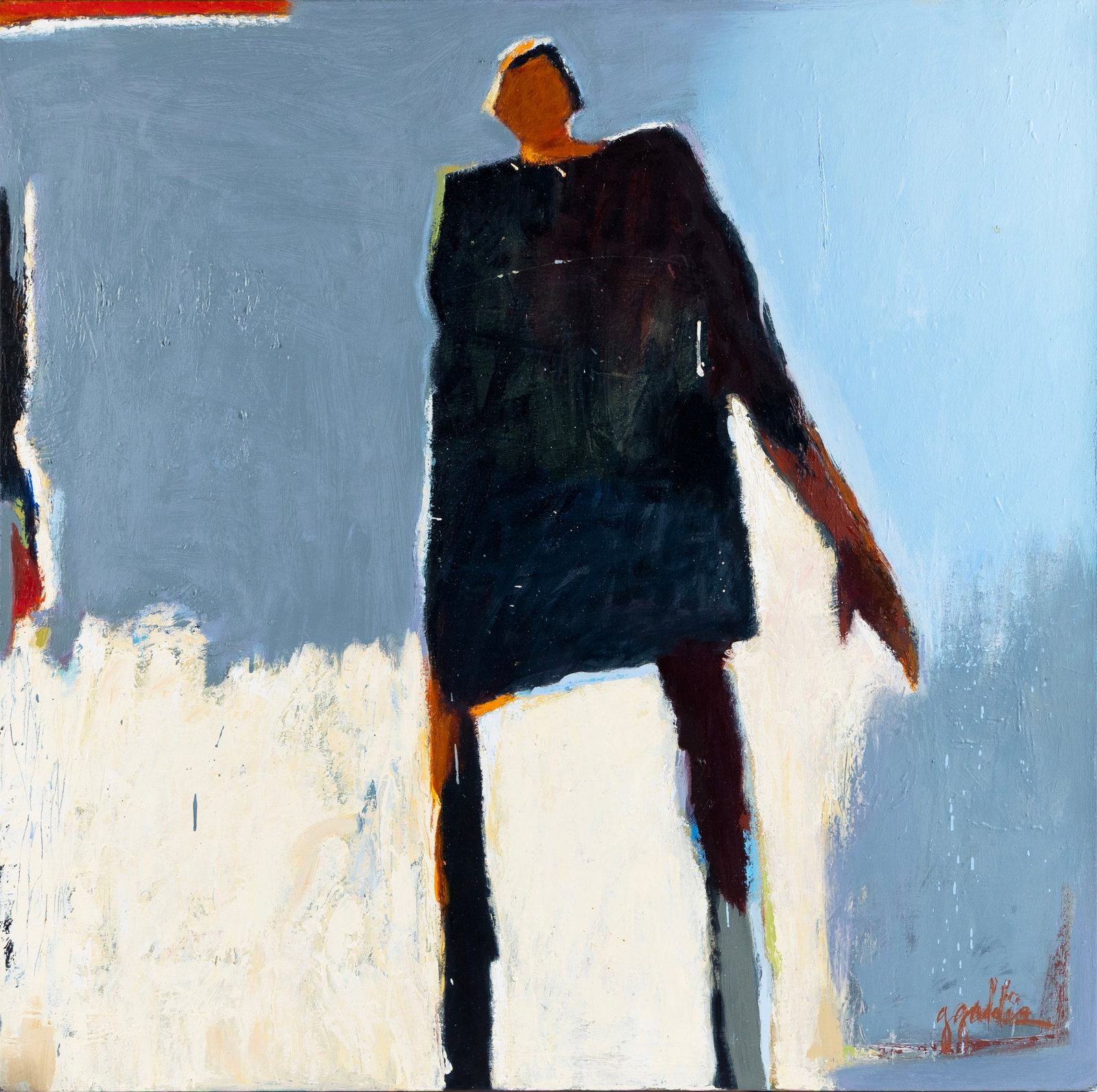 GLORIA GADDIS (AMERICAN, B. 1945): Gloria Gaddis American, b. 1945 Oil on canvas Signed lower right, and to verso. Abstract figure on a blue and beige background, unframed. 48 x 48 in. (121.9 x 121.9 cm.) Ex Collection of Northland Col