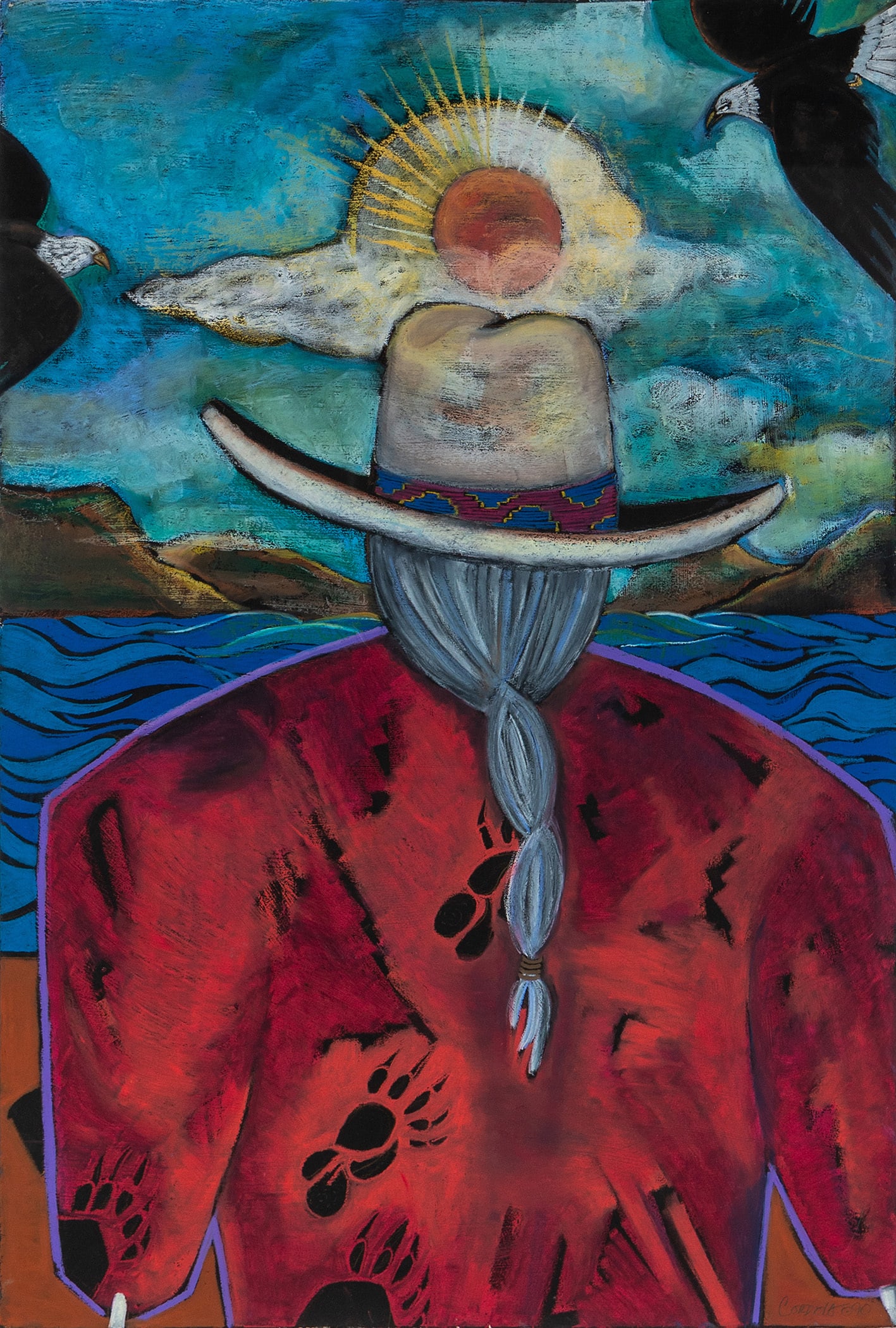 AMY CORDOVA (AMERICAN, 20TH/21ST C.): Amy Cordova American, 20th/21st c. Friend of the New Day Mixed media on paper Signed and dated 90 lower right. Southwestern scene of a figure viewed from behind under a setting sun, framed. 44 x 30 in
