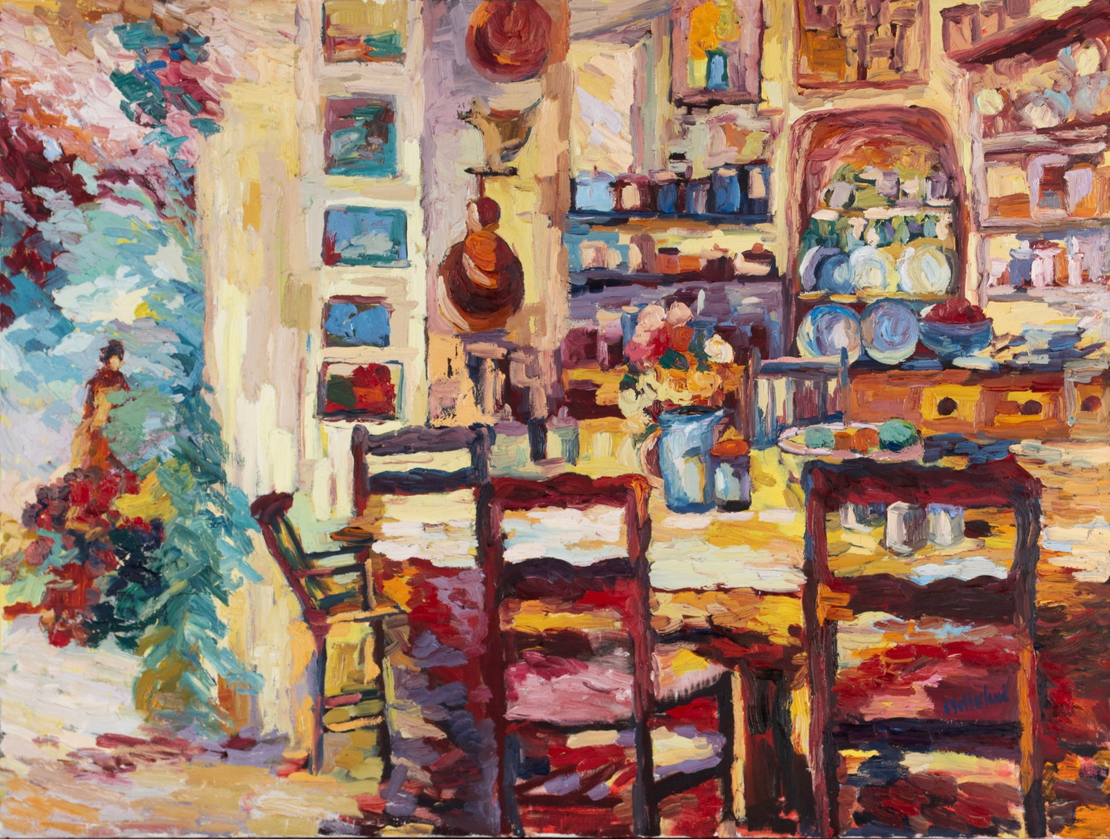 KAY SUTHERLAND (AMERICAN, 20TH/21ST C.): Kay Sutherland American, 20th/21st c. Oil on canvas Signed lower right. Impressionist scene of a kitchen interior, framed. 36 1/2 x 48 1/2 in. (92.7 x 123.2 cm.), Frame: 37 1/2 x 49 1/2 in. (95.3 x 12