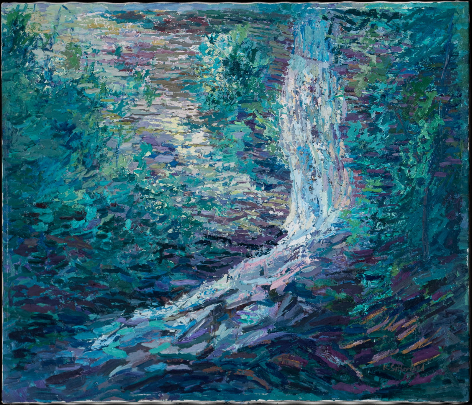 KAY SUTHERLAND (AMERICAN, 20TH/21ST C.): Kay Sutherland American, 20th/21st c. Oil on canvas Signed lower right. Impressionist landscape with waterfall, framed. 30 x 36 in. (76.2 x 91.4 cm.), Frame: 31 1/2 x 37 1/2 in. (80 x 95.3 cm.) Ex Col