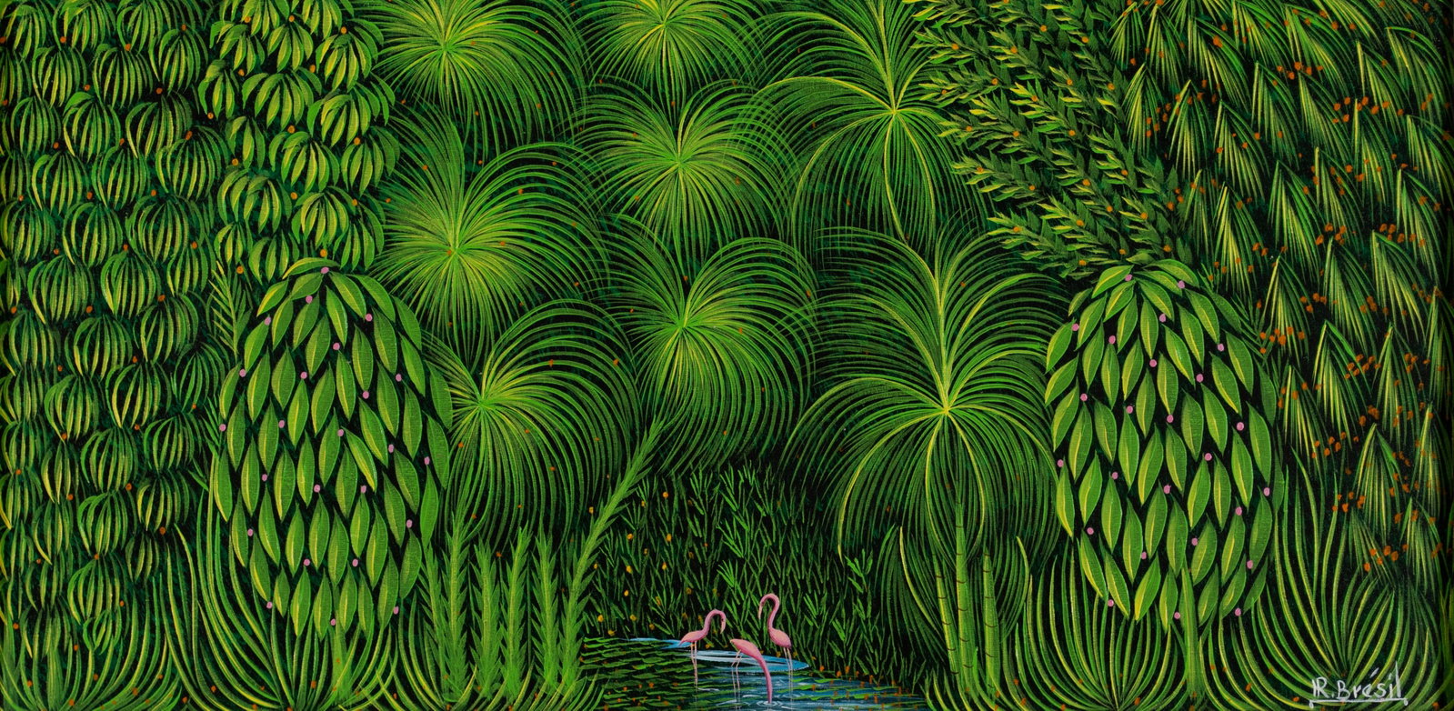 HENRI ROBERT BRESIL (HAITIAN, 1952-1999): Henri Robert Bresil Haitian, 1952-1999 Oil on canvas Signed lower right. Dense green forest scene with three small pink flamingos at the center, framed. 12 x 24 in. (30.5 x 61 cm.), Frame: 18 3/4 x