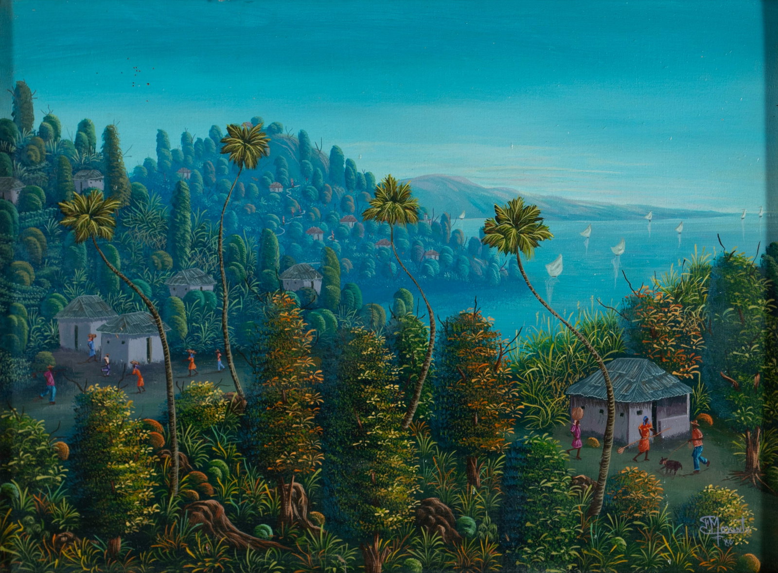 FRANTZ MOSANTO (HAITIAN, B. 1955): Frantz Mosanto Haitian, b. 1955 Oil on canvas Signed and dated '86 lower right. Distant coastal landscape with tree filled hills and figures around cottages, framed. 12 x 16 in. (30.5 x 40.6 cm.),