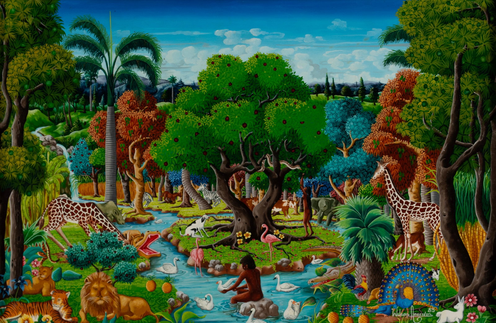 WILSON ANACREON (HAITIAN, B. 1957): Wilson Anacreon Haitian, b. 1957 Oil on canvas Signed and dated '83 lower right. Colorful 'Garden of Eden' scene with two figures and wide assortment of animals, framed. 16 x 24 in. (40.6 x 61 cm.),