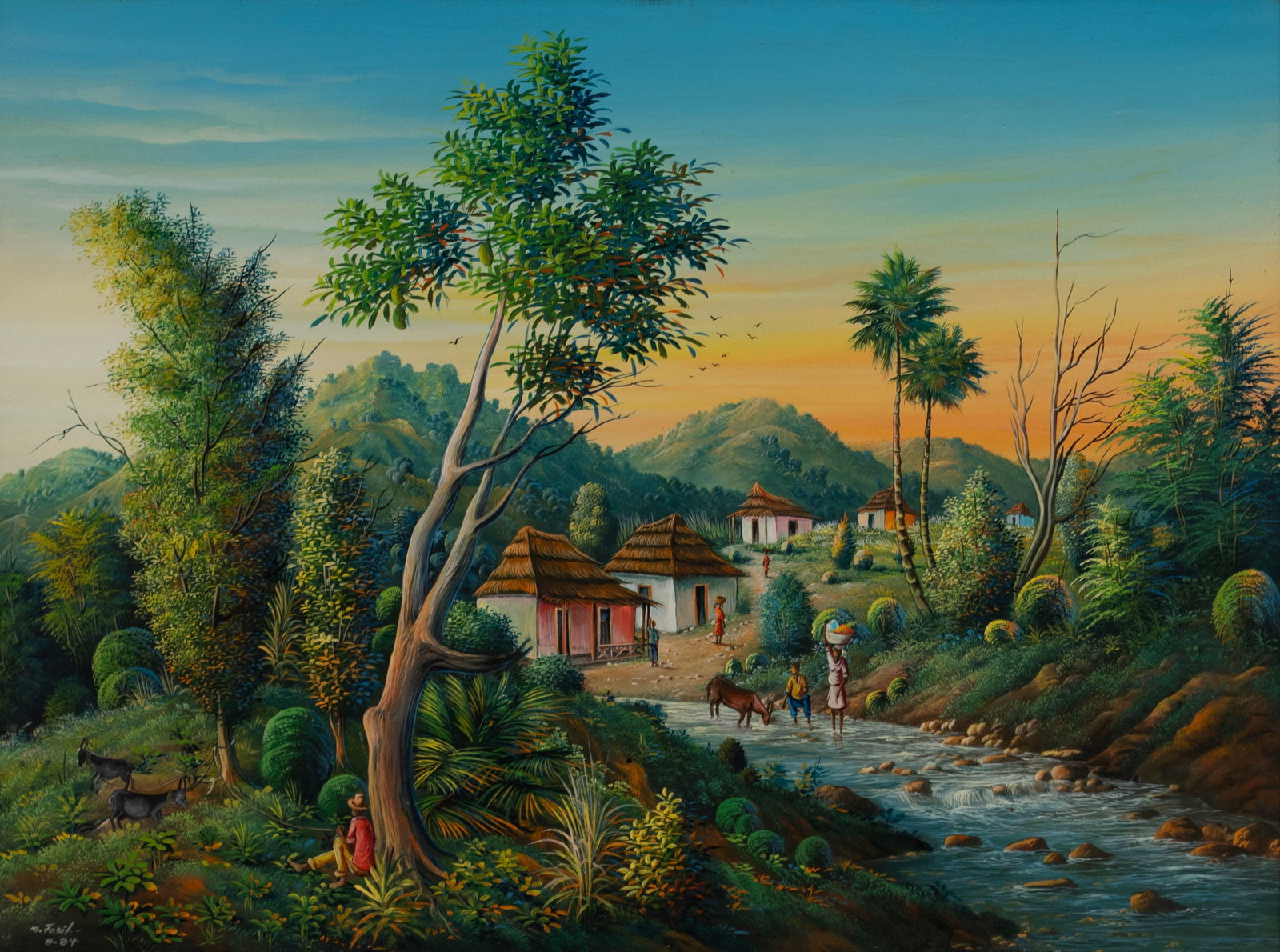 M. JOSIL (HAITIAN, 20TH C.): M. Josil Haitian, 20th c. Oil on board Signed and dated 8 - 84 lower left. Landscape with figures and cottages along a stream, framed. 18 x 24 in. (45.7 x 61 cm.), Frame: 26 x 32 in. (66 x 81.3 cm.)