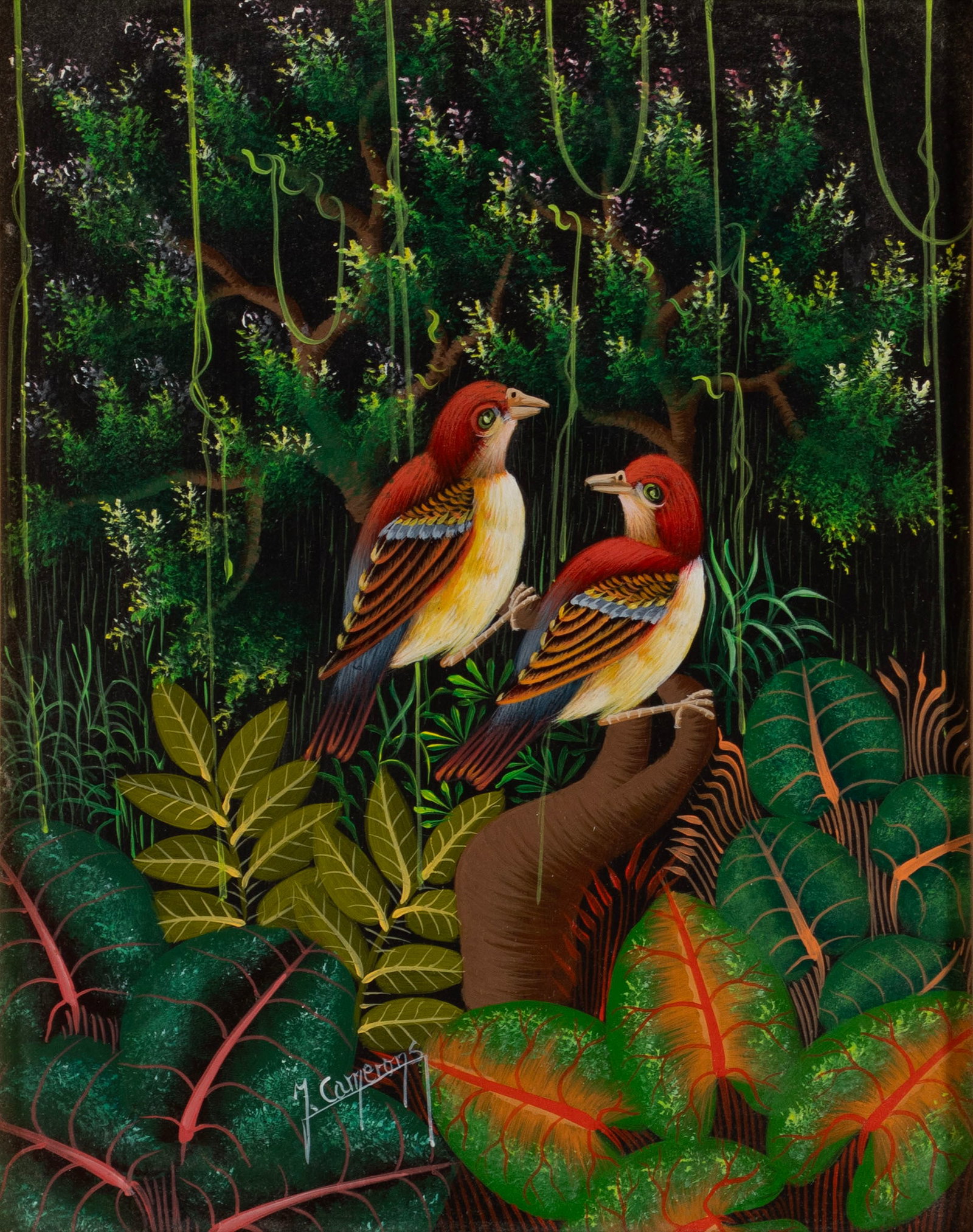 J. CAMERONS (HAITIAN, 20TH C.): J. Camerons Haitian, 20th c. Oil on board Signed lower center. Two colorful birds in a luscious green surround, framed. 10 x 8 in. (25.4 x 20.3 cm.), Frame: 15 1/4 x 13 1/4 in. (38.7 x 33.7 cm.)