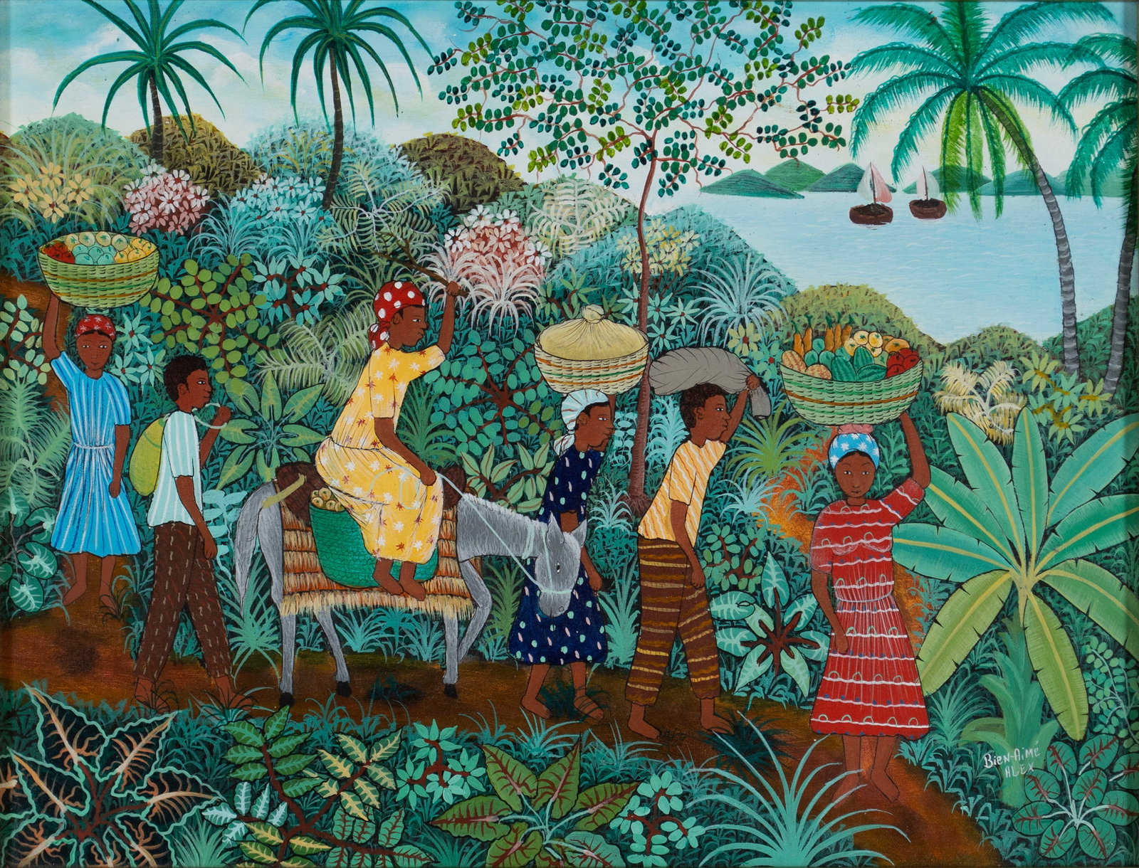 ALEX BIEN-AIME (HAITIAN, 20TH C.): Alex Bien-Aime Haitian, 20th c. Oil on canvas Signed lower right. Colorful scene showing a line of figures walking a trail with boats on the water in the distance, framed. 12 x 16 in. (30.5 x 40.6