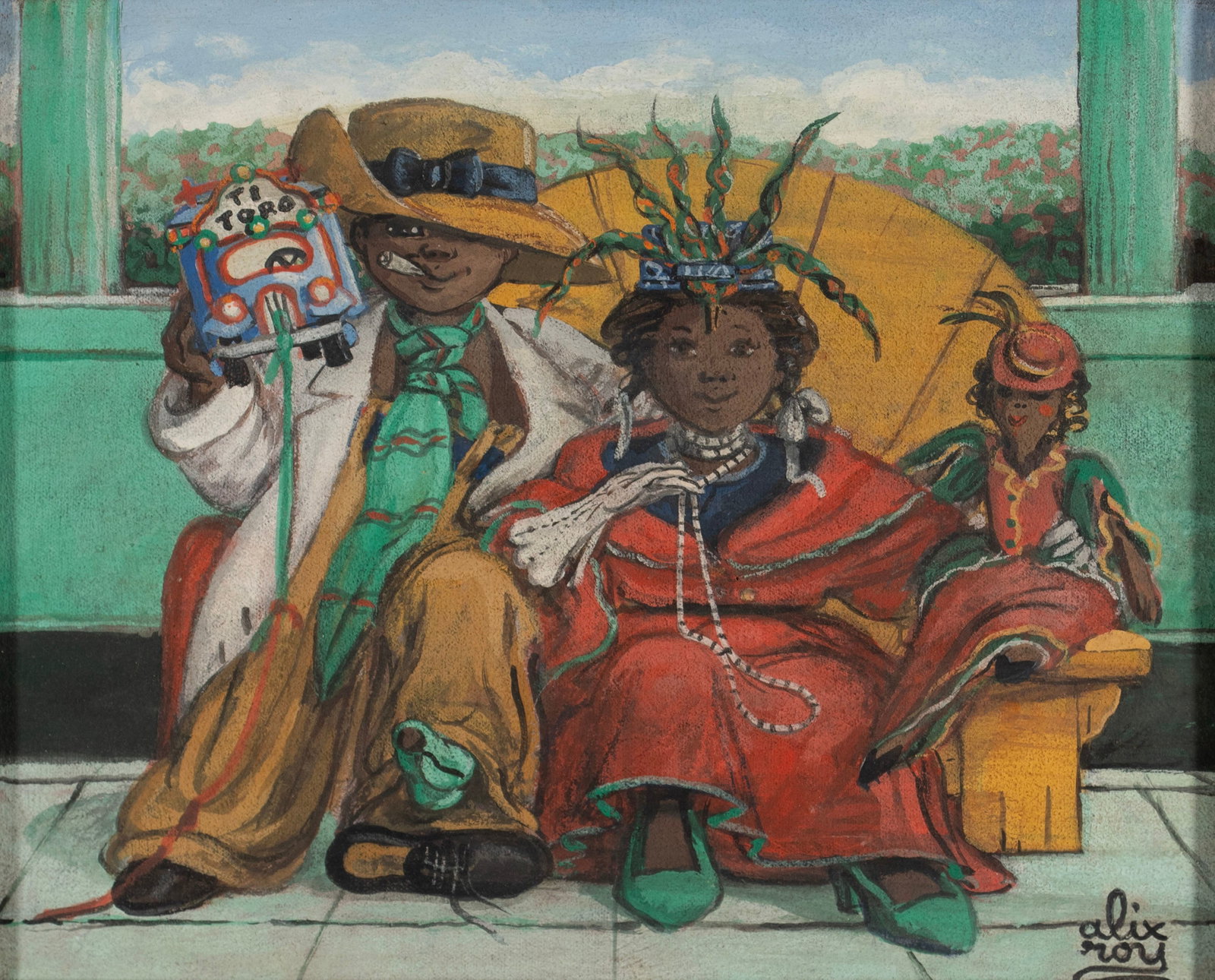 ALIX ROY (HAITIAN, 1930-2010): Alix Roy Haitian, 1930-2010 Oil on canvas Signed lower right. Two children in a playful 'grown-up' seated portrait wearing adult clothes with toys, framed. Sight: 8 1/2 x 10 1/2 in. (21.6 x 26.7