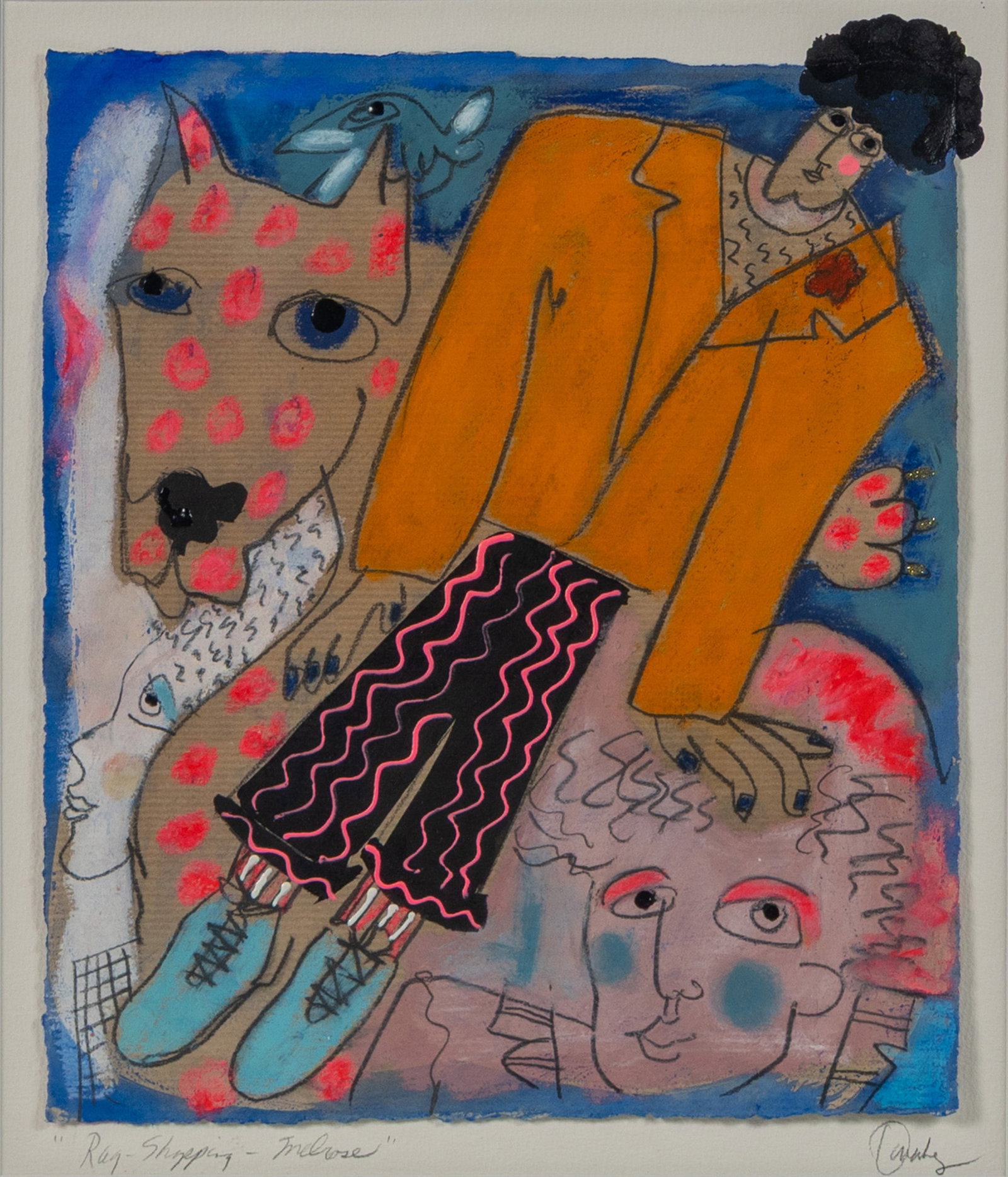 MIXED MEDIA, 'RAG SHOPPING - MELROSE': MIXED MEDIA, 'RAG SHOPPING - MELROSE' 21st century, mixed media on paper, titled lower left with unknown signature lower right. Framed. 13 x 15 in. (33 x 38.1 cm.), Frame: 28 x 31 in. (71.1 x 78.7