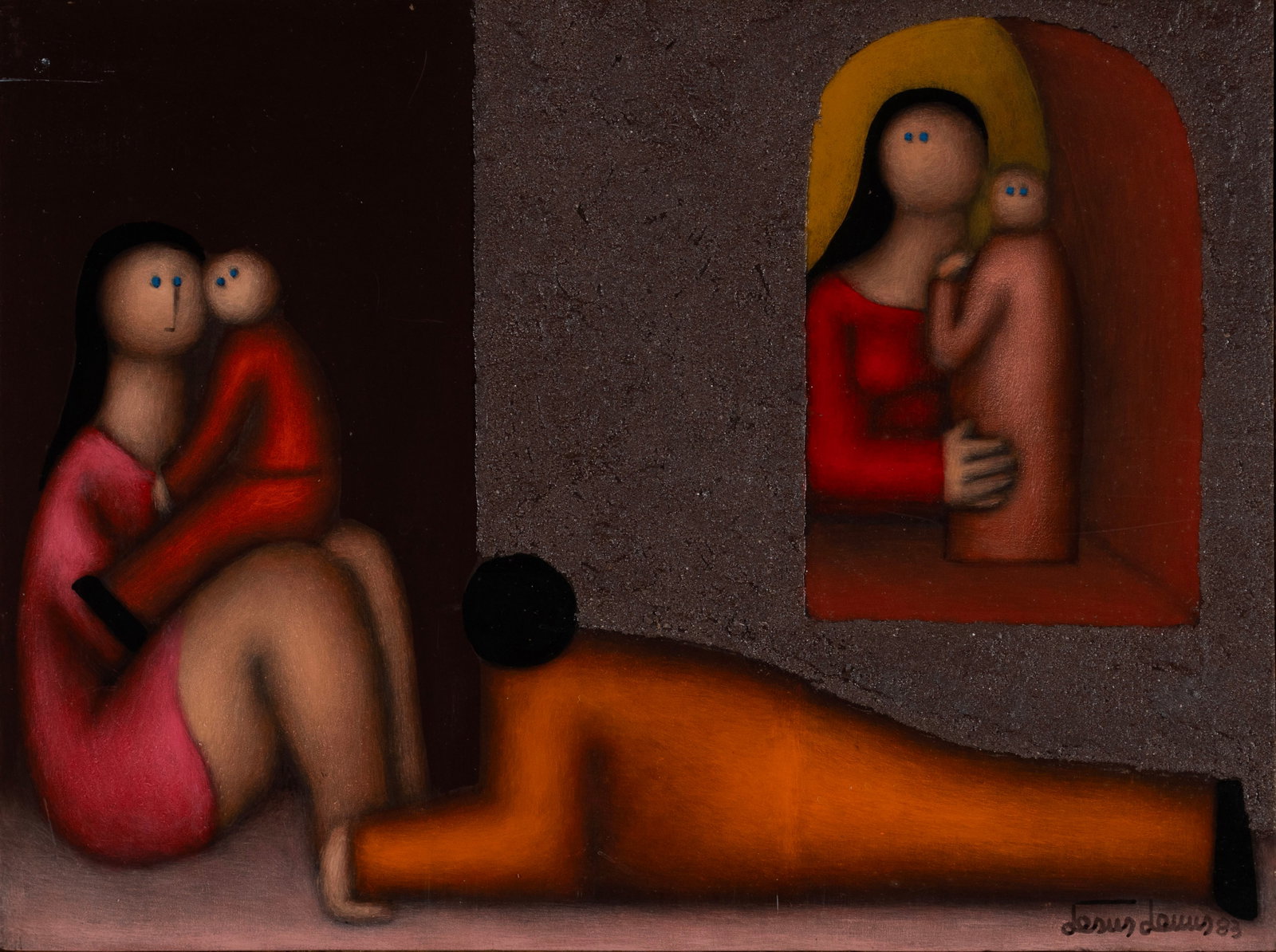 JESUS MARIANO LEUUS (MEXICAN, 1948-2008): Jesus Mariano Leuus Mexican, 1948-2008 Maternidad en al Hogar Mixed media Signed and dated '83 lower right. Framed. Sight: 12 x 16 in. (30.5 x 40.6 cm.), Frame: 16 1/2 x 20 1/2 in. (41.9 x 52.1 cm.)