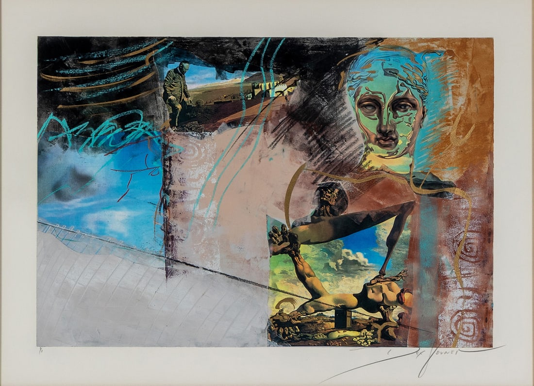 DEX VERNER (AMERICAN, 20TH C.): Dex Verner American, 20th c. Mixed media on paper Signed in pencil lower right, editioned 1/1 lower left. Collage with prints including Dali with hand painted elements, matted and framed. 16 x 24 in.