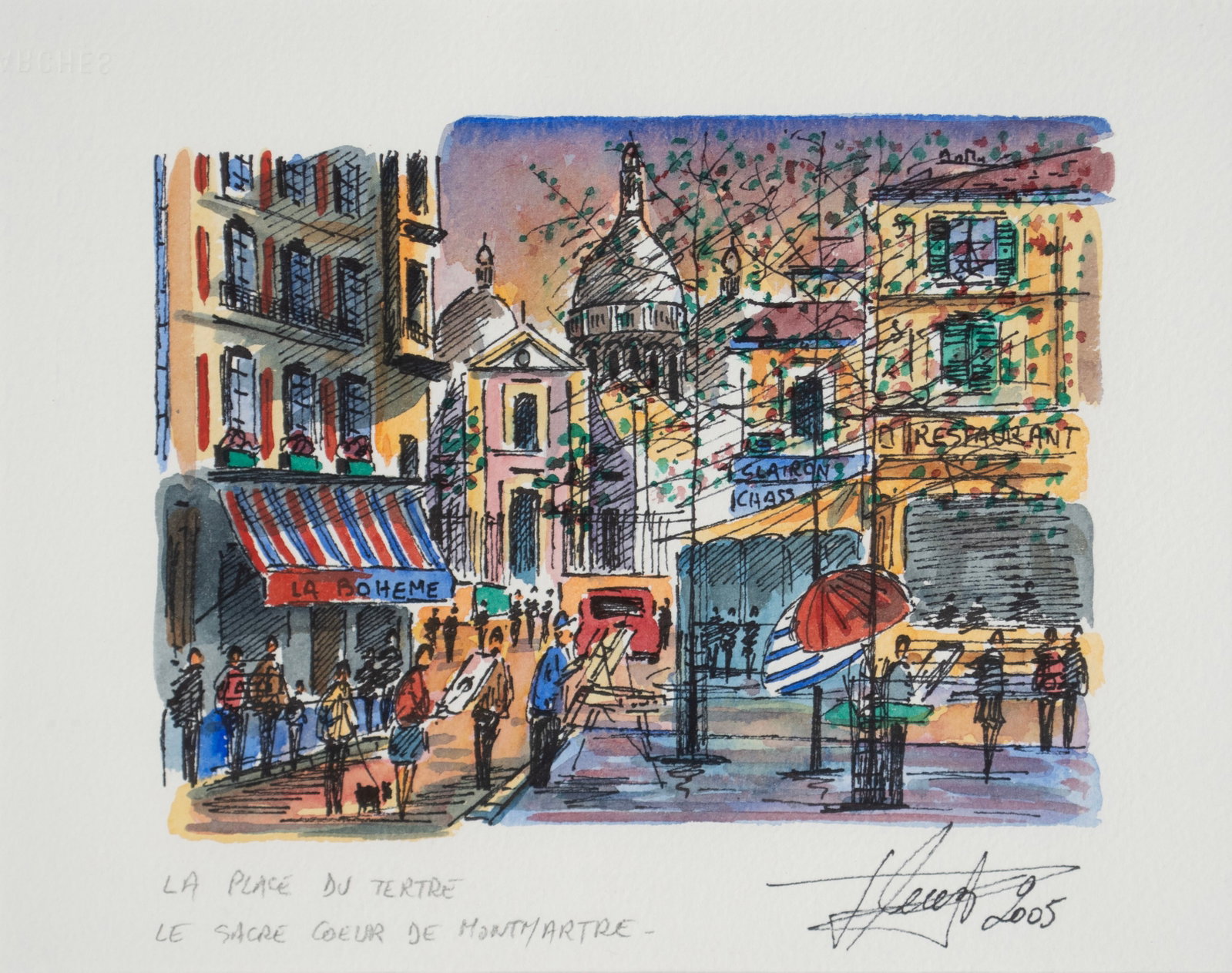 PARISIAN STREET SCENE: PARISIAN STREET SCENE Watercolor, signed illegibly and dated 2005. Colorful scene with figures among buildings, framed under glass. Penned below the image "La Place Du Tertre - Le Sacre Coeur De