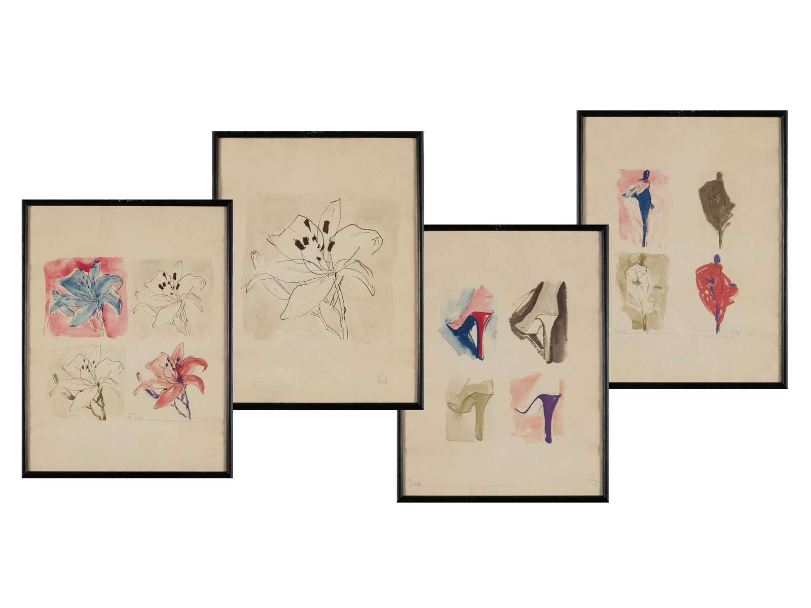 JOE EULA (AMERICAN, 1925-2004): Joe Eula American, 1925-2004 Mixed media Four (4) works, all signed and dated 77. Each a series of florals or fashion images. Framed. Each: 25 x 19 in. (63.5 x 48.3 cm.)