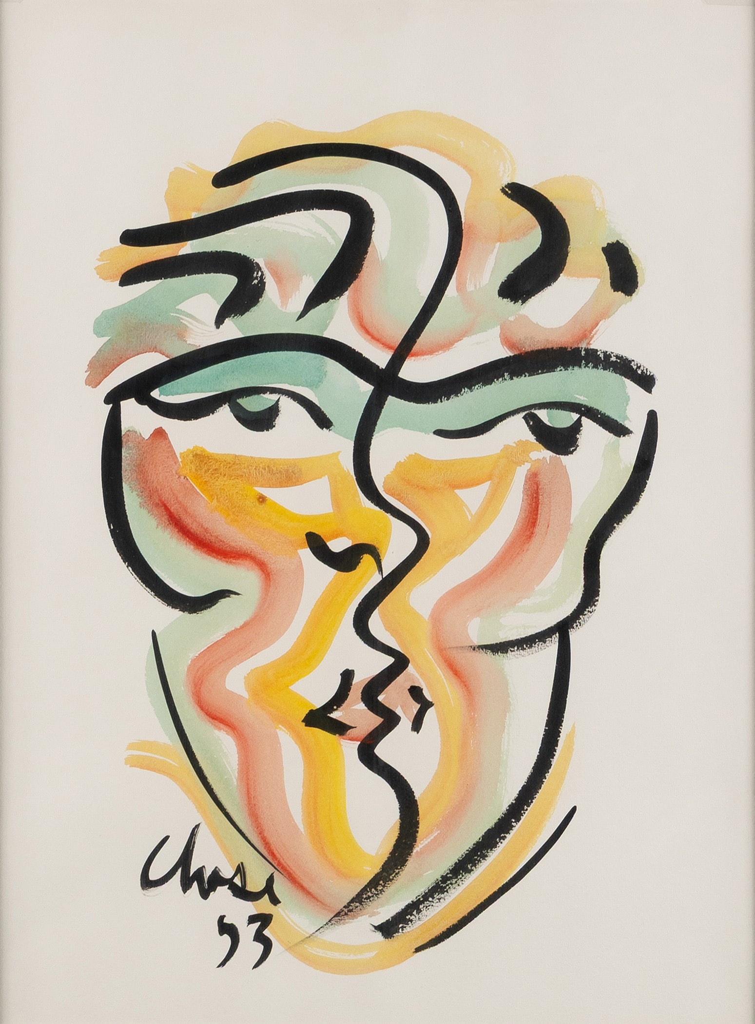 MICHAEL CLOSE (CANADIAN, B. 1954): Michael Close Canadian, b. 1954 Watercolor Signed and dated 93. Colorful portrait mask, matted and framed. 23 x 16 1/2 in. (58.4 x 41.9 cm.), Frame: 40 1/2 x 34 in. (102.9 x 86.4 cm.) Ex Collection of
