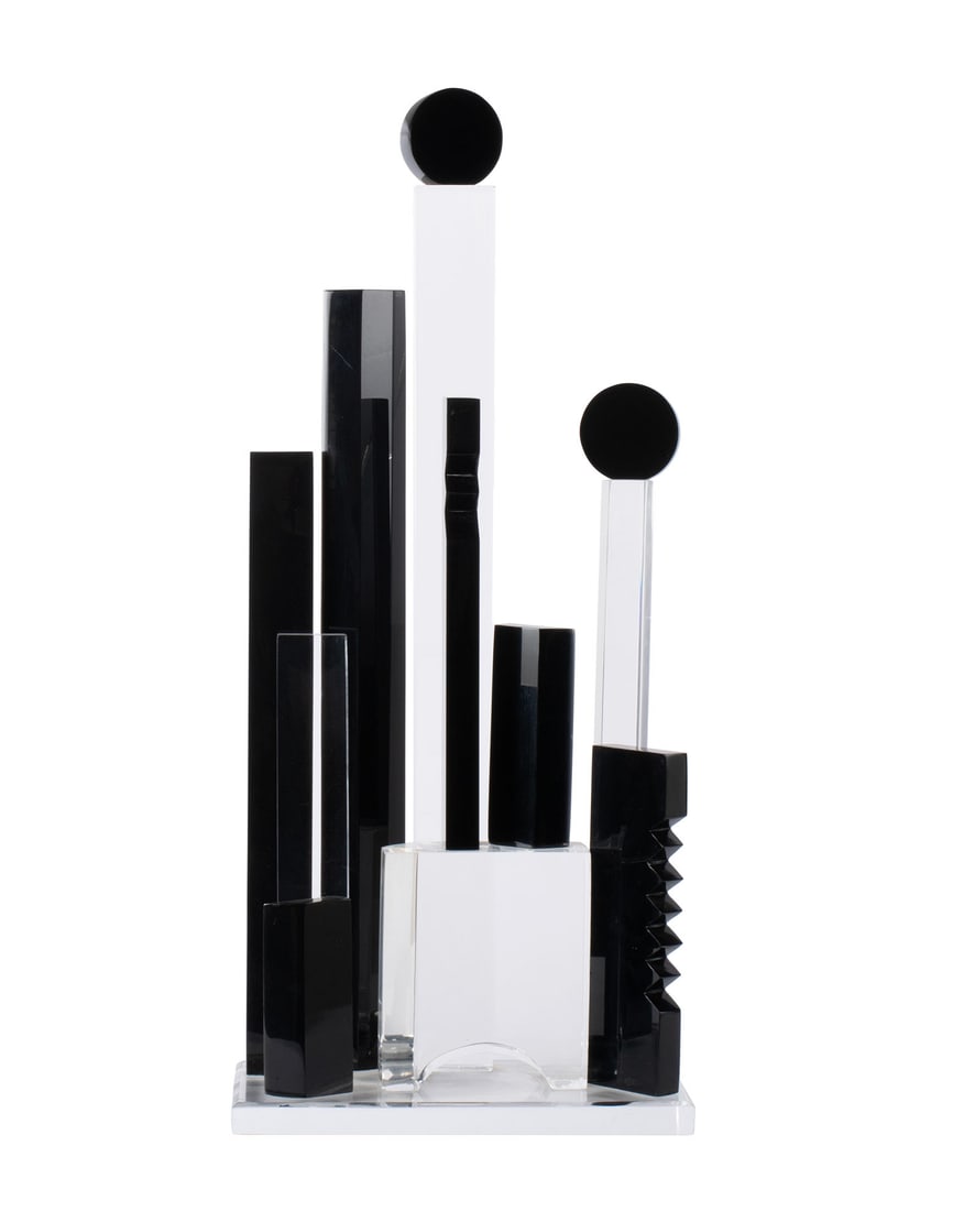HIVO VAN TEAL LUCITE SCULPTURE: HIVO VAN TEAL LUCITE SCULPTURE American, circa 1980s. Architectural black and clear acrylic sculpture, signed on base. 33 x 7 x 14 in. (83.8 x 17.8 x 35.6 cm.)