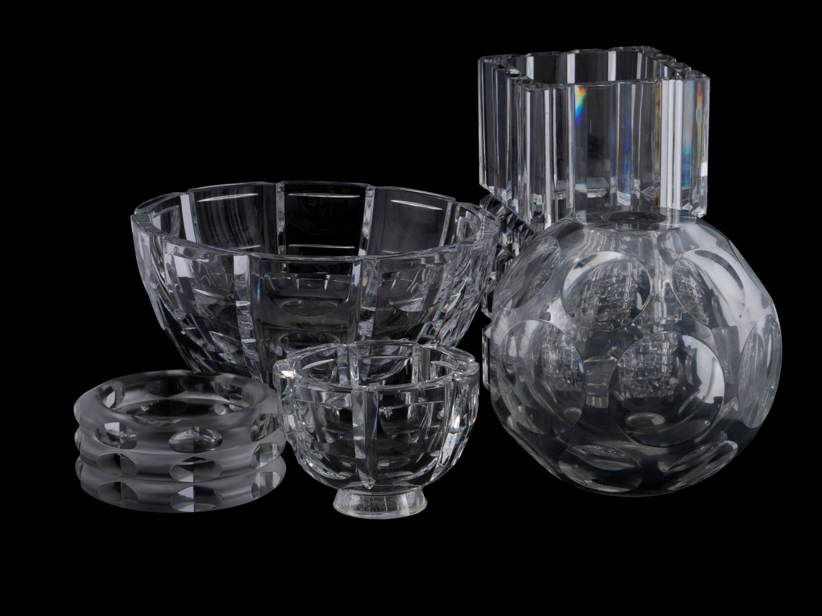 FIVE GLASS VASES AND BOWLS: FIVE GLASS VASES AND BOWLS 20th century. Including an Orrefors 'Tullgarn' vase and two (2) 'Thousand Windows' bowls, a Baccarat 'Heritage Pontil' vase, and a Rosenthal frosted ashtray. Each with