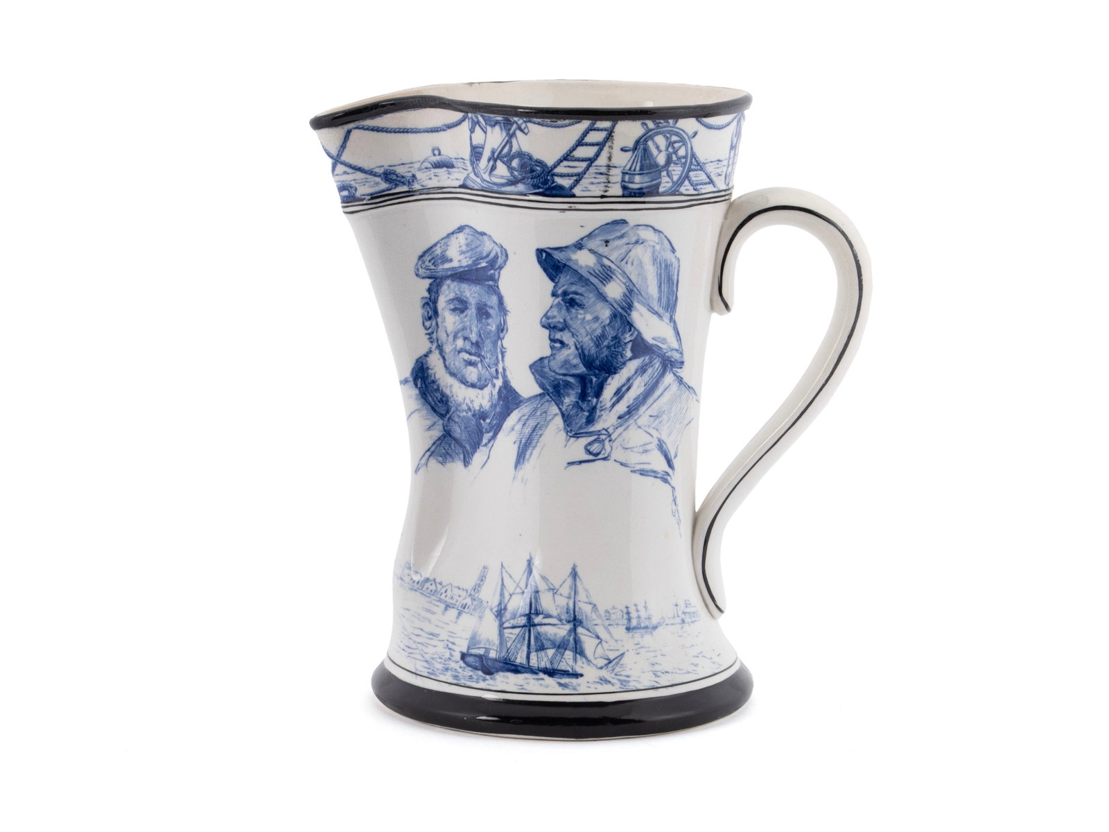 BUFFALO POTTERY NAUTICAL PITCHER: BUFFALO POTTERY NAUTICAL PITCHER American, early 20th century. Blue and white maritime decoration to the exterior, marked on underside. 9 in. (22.9 cm.)
