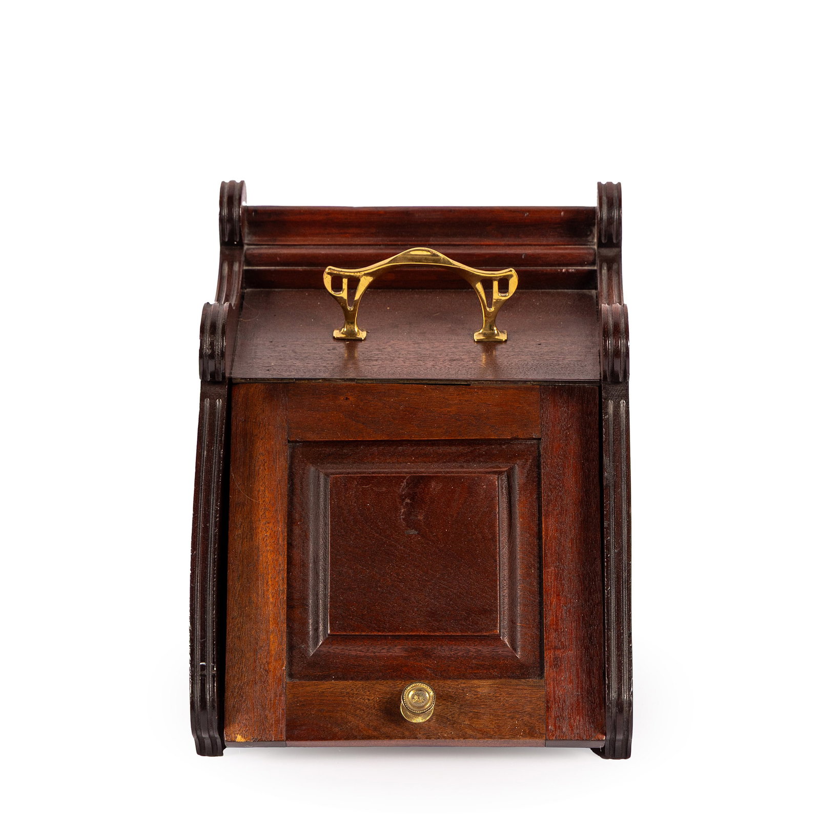 WALNUT COAL BOX: WALNUT COAL BOX Late 19th/20th century. Coal box with scrolling brass handle over a single paneled door. 12 1/2 x 14 x 20 in. (31.8 x 35.6 x 50.8 cm.)