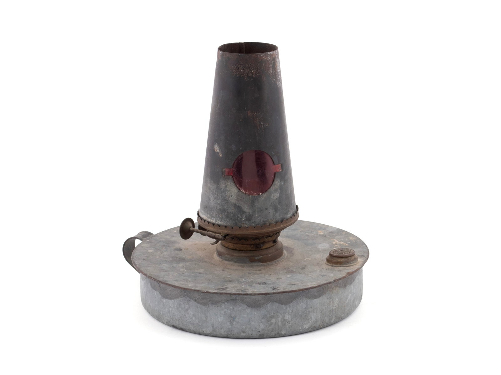 EARLY TIN BROODER LAMP: EARLY TIN BROODER LAMP 19th/early 20th century. With tapering chimney on the matching kerosene reservoir/base. 9 x 8 in. (22.9 x 20.3 cm.)