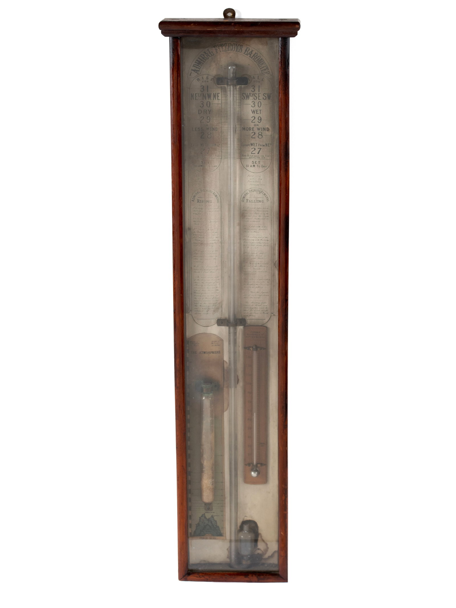 ADMIRAL FITZROY'S STORM BAROMETER: ADMIRAL FITZROY'S STORM BAROMETER English, late 19th/early 20th century. Rectangular case covers the silvered back interior information plate, holding the long glass barometric tube, "Pizzala"