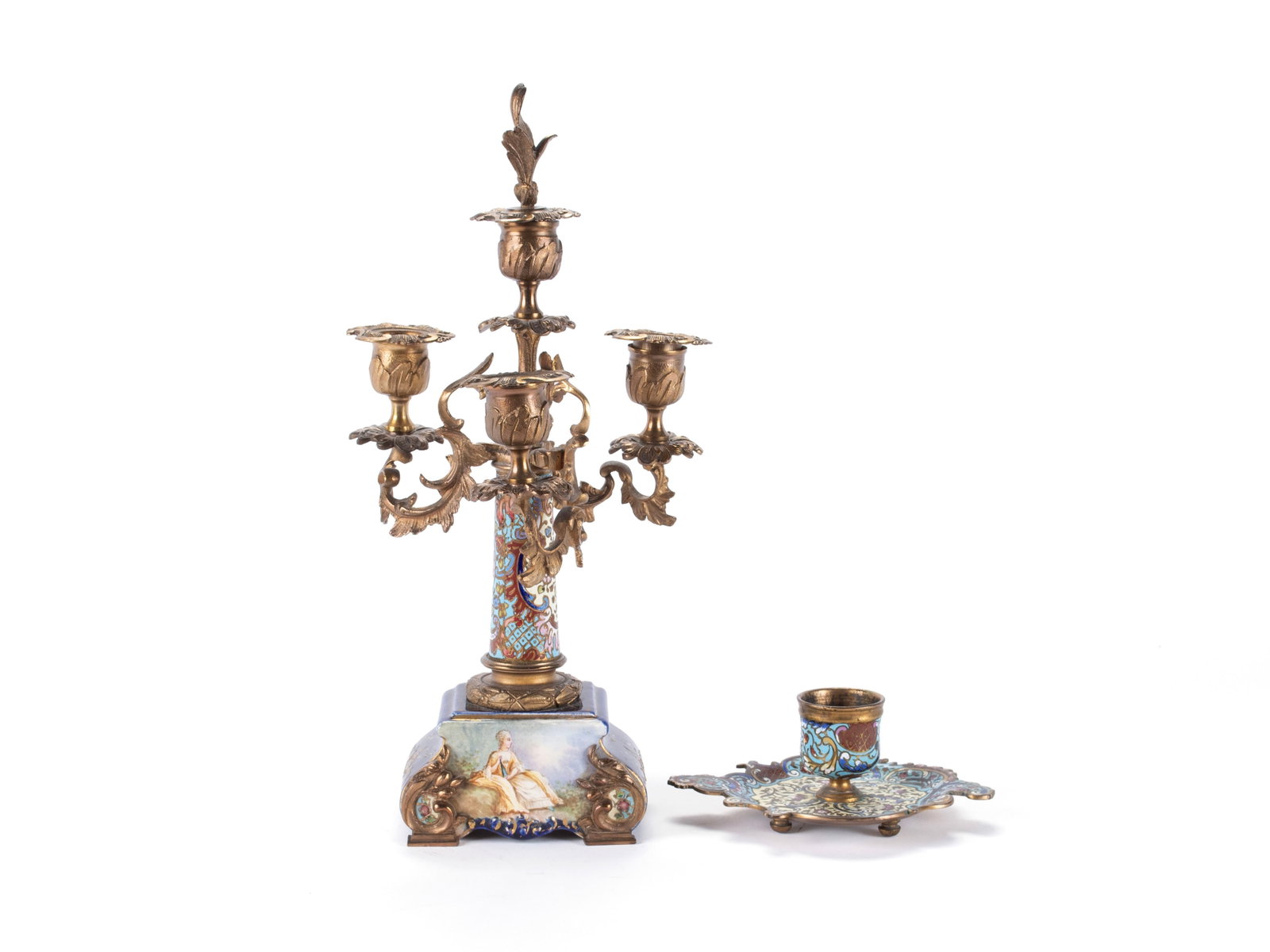 CHAMPLEVE INKWELL AND CANDELABRA: CHAMPLEVE INKWELL AND CANDELABRA French, late 19th/20th century. Four-light candelabra with porcelain base and a Rococo style inkwell on scrolled tray, unmarked. Candelabra: 14 x 3 x 4 1/2 in. (35.6 x
