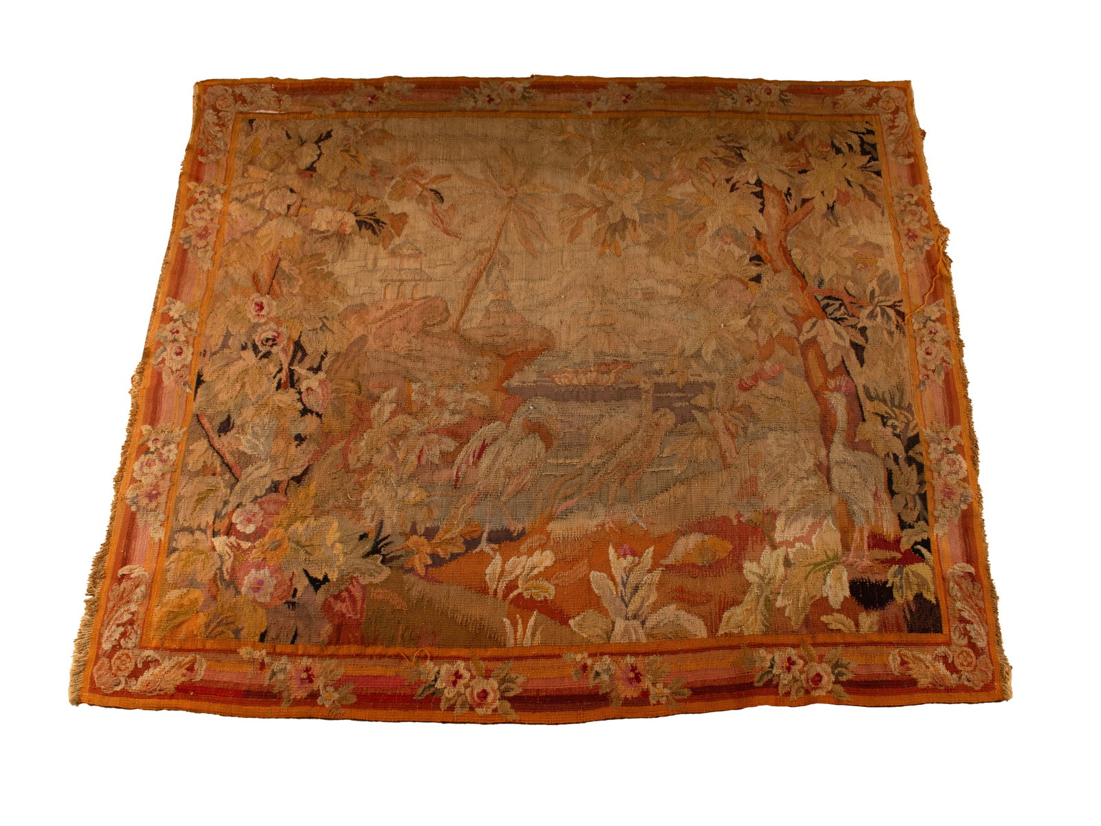 CONTINENTAL LANDSCAPE TAPESTRY: CONTINENTAL LANDSCAPE TAPESTRY Late 19th/early 20th century. Fantasy forest landscape with two central birds, the background showing a ship and pagodas on a rocky bluff, within a floral border. 72 x