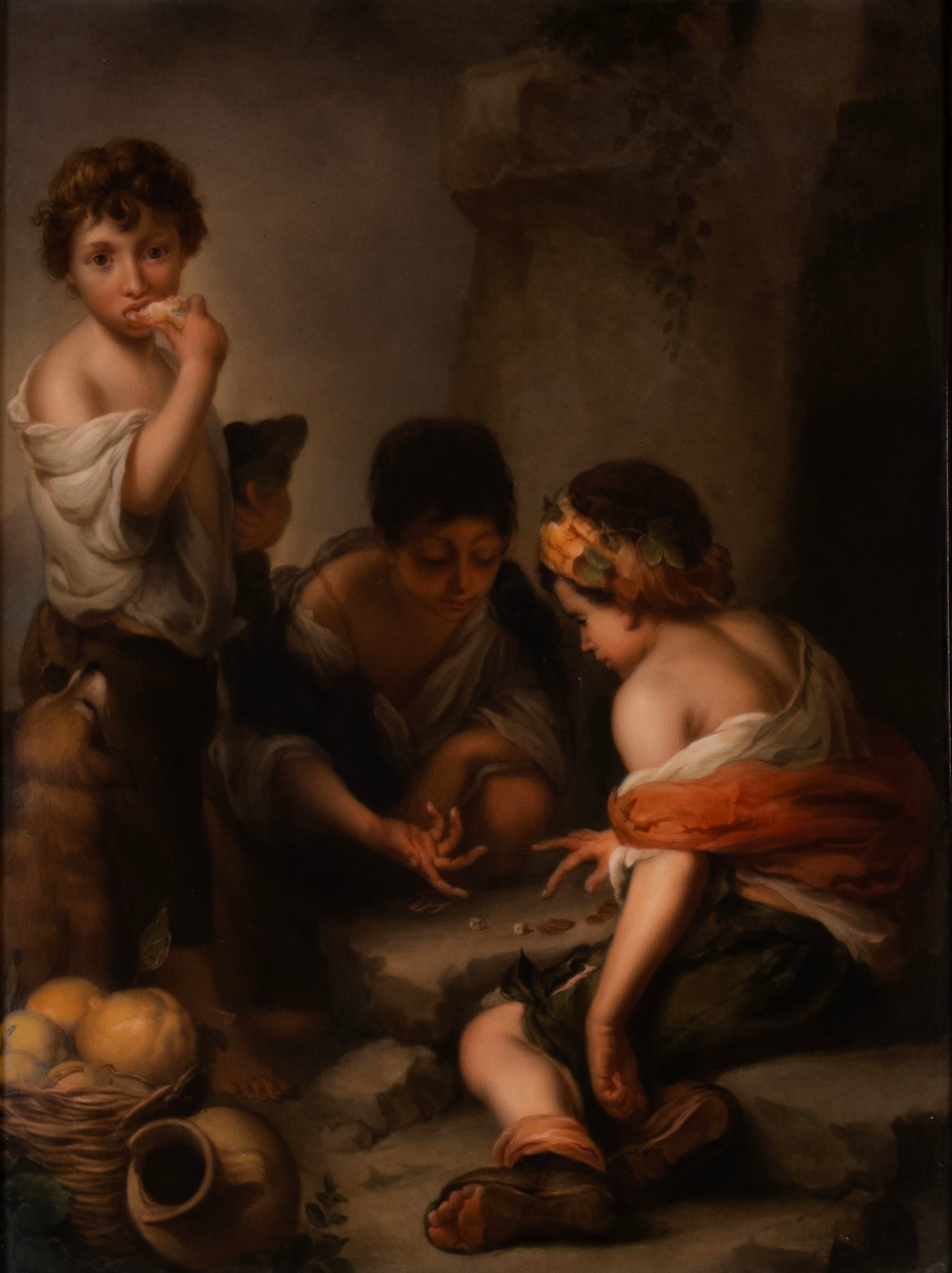 GERMAN PORCELAIN PLAQUE AFTER MURILLO: GERMAN PORCELAIN PLAQUE AFTER MURILLO Early 20th century, no visible mark. Scene of three boys playing dice, framed. 10 x 7 5/8 in. (25.4 x 19.4 cm.)