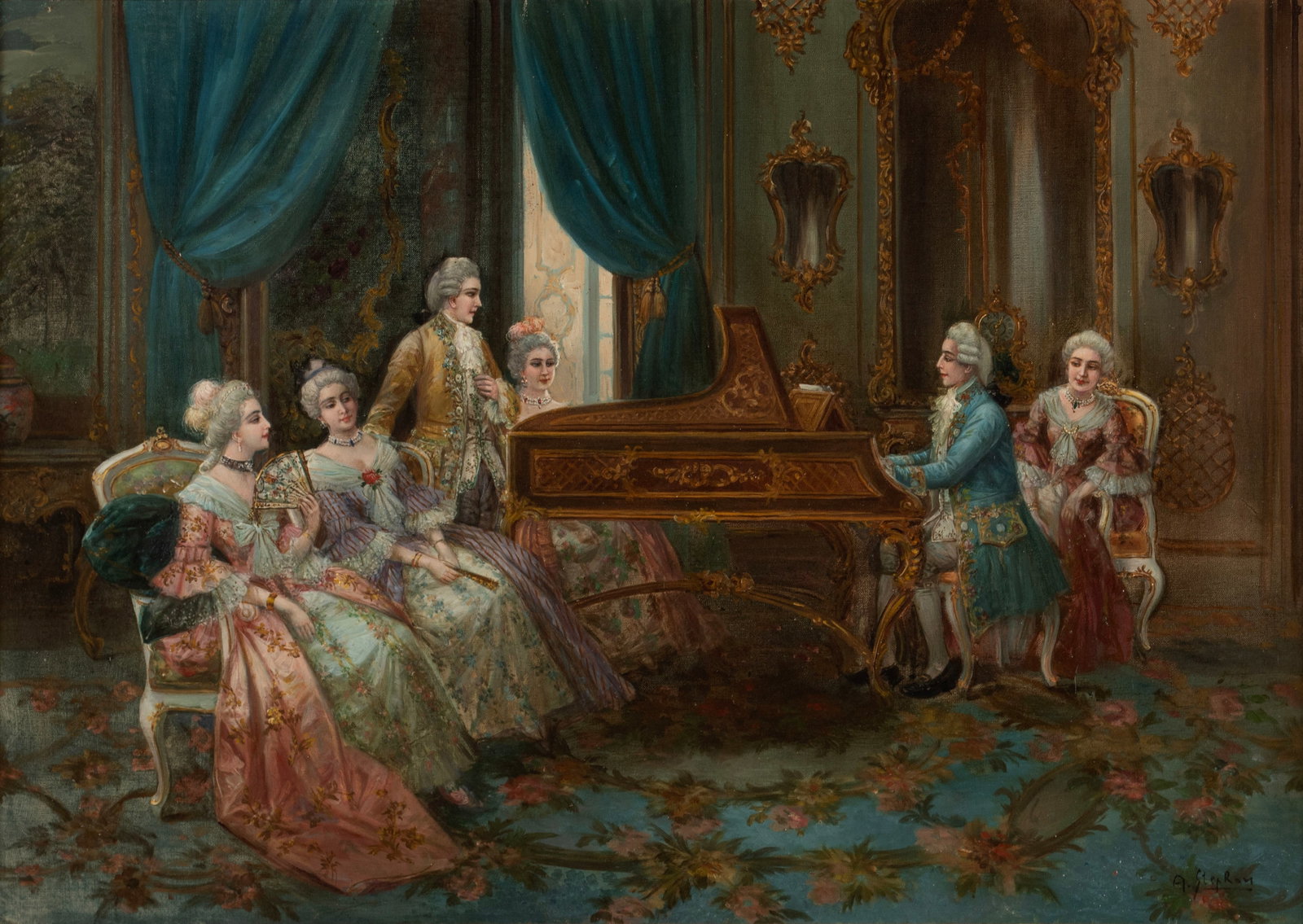 AUGUST STEPHAN (AUSTRIAN, 1868-1936): August Stephan Austrian, 1868-1936 Oil on canvas Signed lower right. Parlor scene with two gentleman, one seated at the piano, entertaining a room full of ladies, framed. 26 x 36 in. (66 x 91.4 cm.),