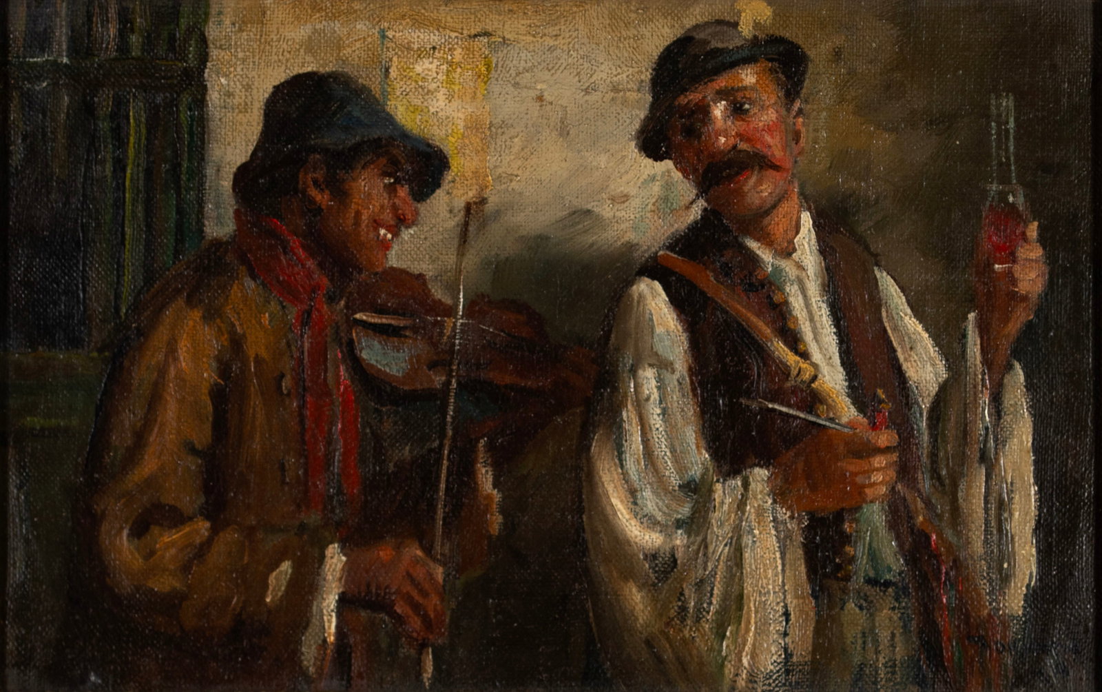 ANDOR G. HORVATH (HUNGARIAN, 1876-1966): Andor G. Horvath Hungarian, 1876-1966 Oil on canvas Signed lower right. Two men wearing hats, one with a violin, gilt framed. 9 3/4 x 15 1/4 in. (24.8 x 38.7 cm.), Frame: 14 1/2 x 20 in. (36.8 x 50.8