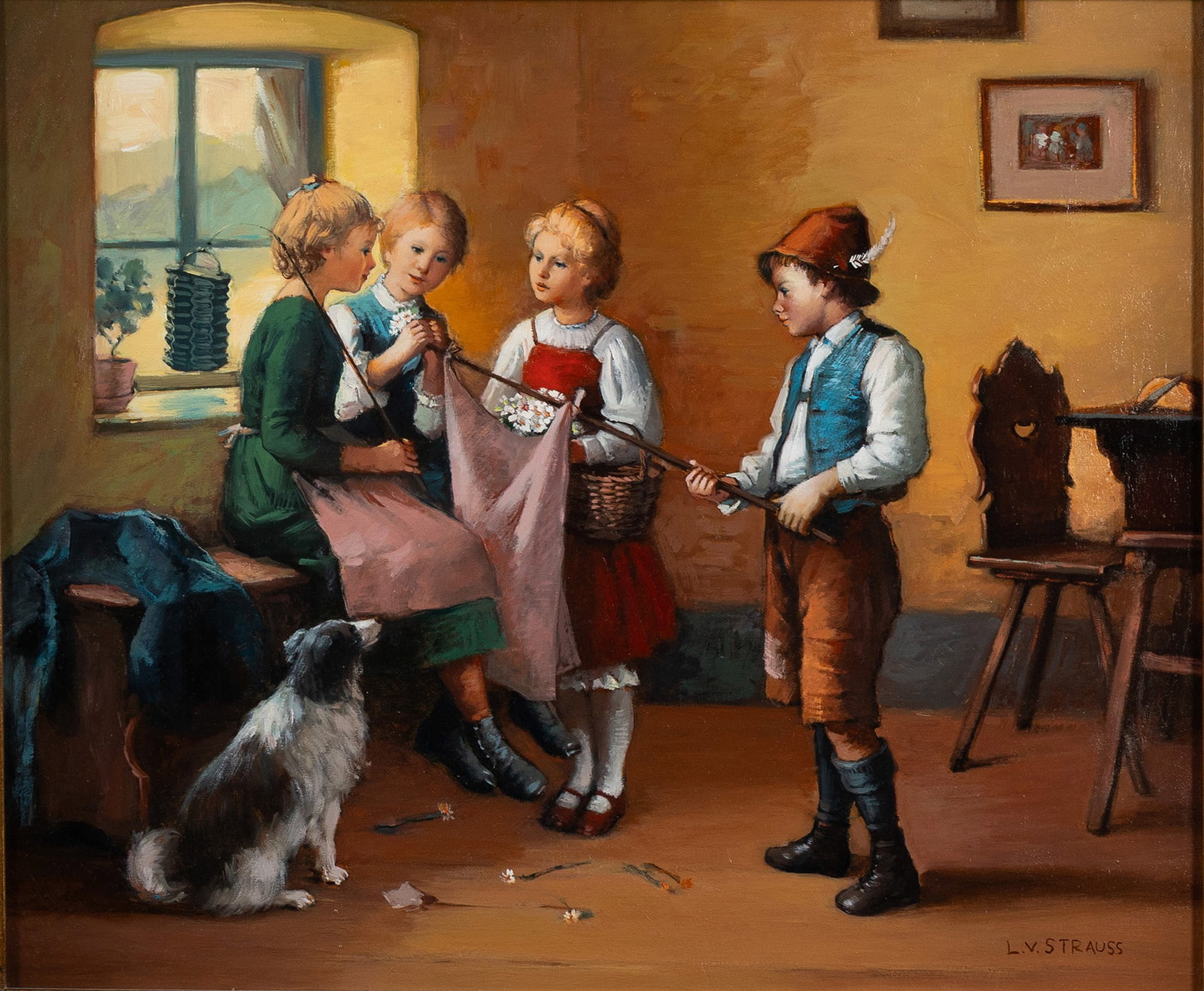 LV STRAUSS (GERMAN, 20TH C.): LV Strauss German, 20th c. Oil on canvas Signed lower right. Interior genre scene with group of children and a dog, framed. 20 x 24 in. (50.8 x 61 cm.), Frame: 29 x 33 in. (73.7 x 83.8 cm.)