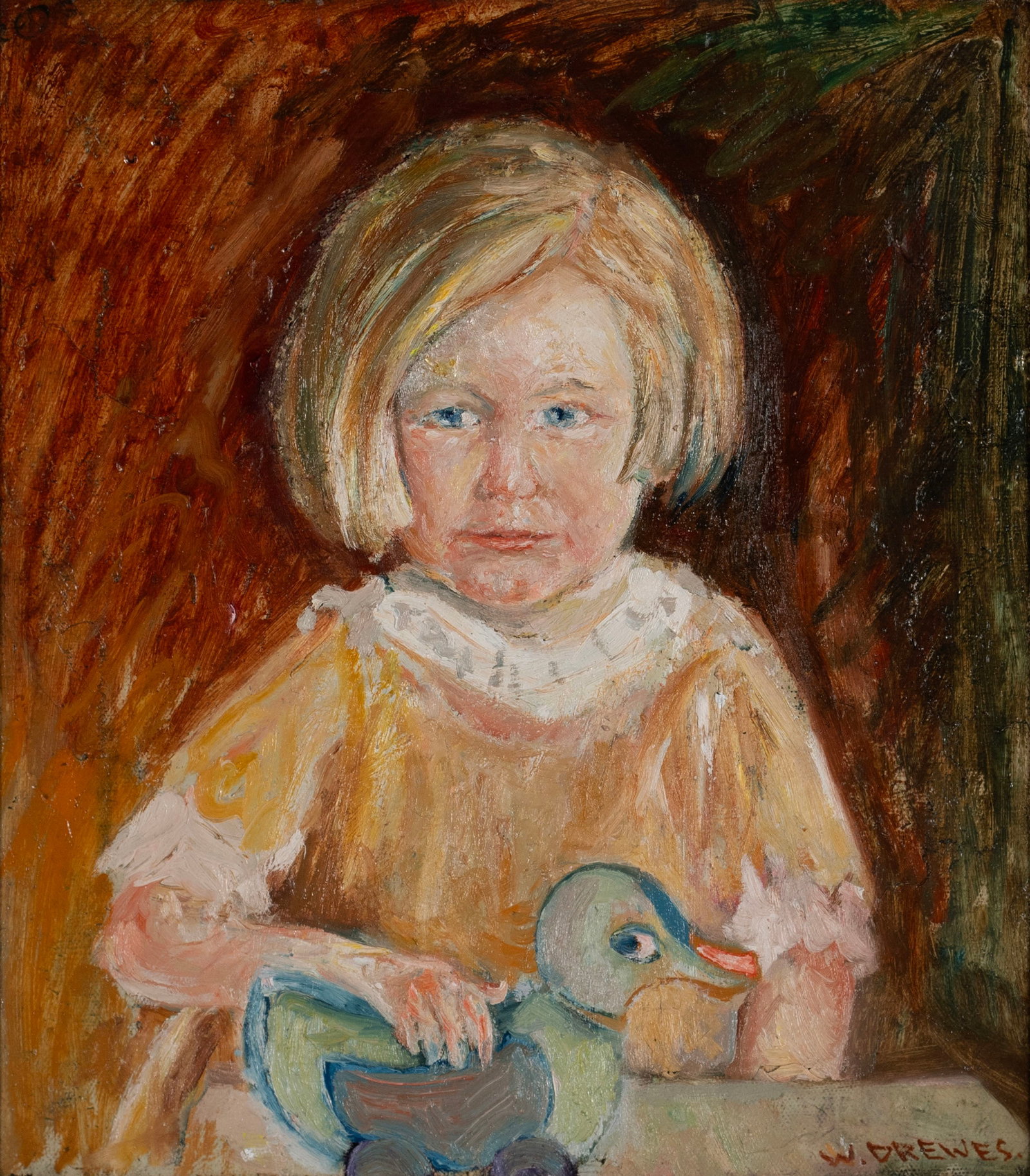 WERNER DREWES (AMERICAN, 1899-1985): Werner Drewes American, 1899-1985 Playmates Oil on canvas Signed lower right. Half-length portrait of a young girl holding a toy duck, framed. 17 x 15 in. (43.2 x 38.1 cm.), Frame: 22 1/4 x 20 1/4