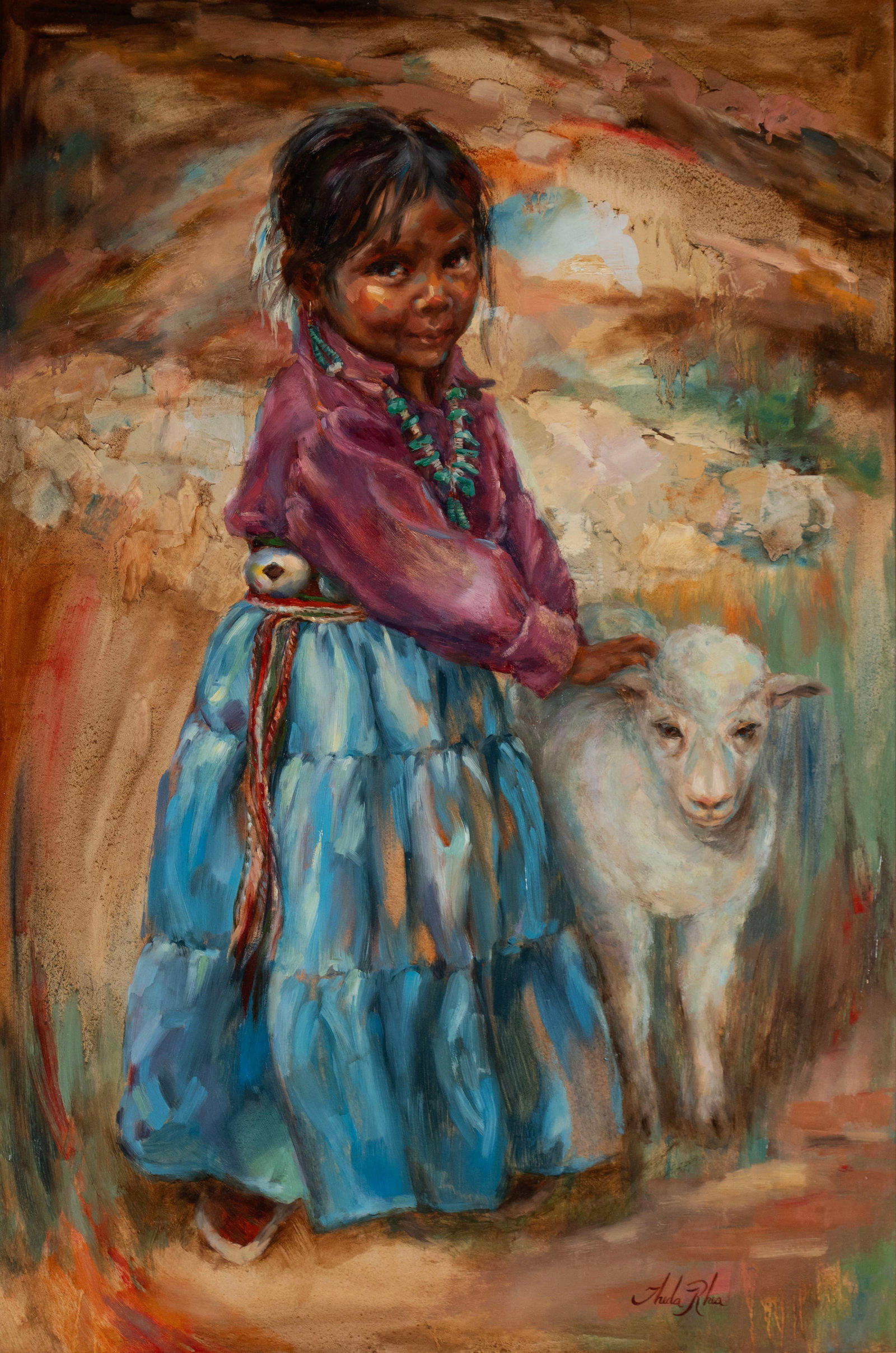 THEDA RHEA (AMERICAN (TEXAS), 1934-2018): Theda Rhea American (Texas), 1934-2018 Springtime in Navajoland Oil on board Signed lower right with the title to the back mounting board. Young Native American girl with a lamb, framed with Dodson Ga