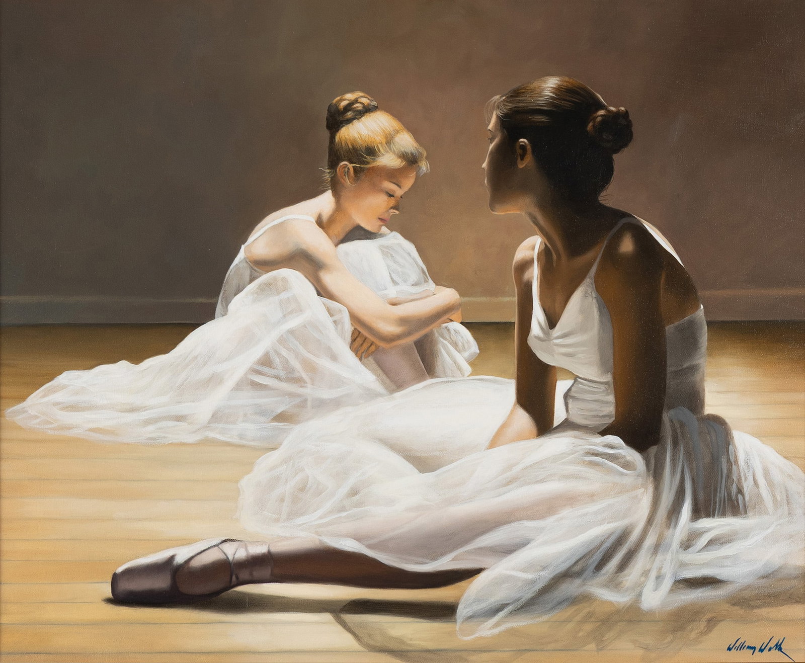 WILLIAM WOLK (AMERICAN, B. 1951): William Wolk American, b. 1951 Two Dancers Oil on canvas Signed lower right. Two ballerinas seated on the floor, framed with letter of authenticity from the artist. 24 x 30 in. (61 x 76.2 cm.), Frame: