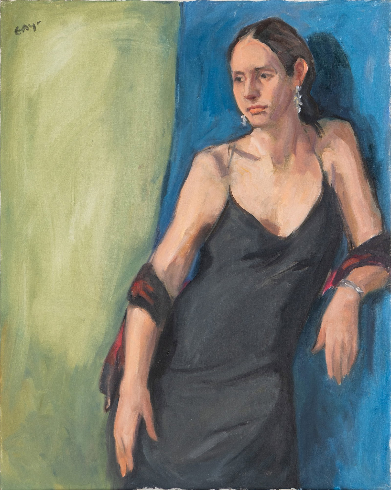 VIRGINIA 'TITO' GAY (AMERICAN (ST. LOUIS), 1932-2024): Virginia 'Tito' Gay American (St. Louis), 1932-2024 LBD Oil on canvas Circa 2000, signed upper left. Portrait of woman in a black dress, unframed. Tito attended Washington University where she studi